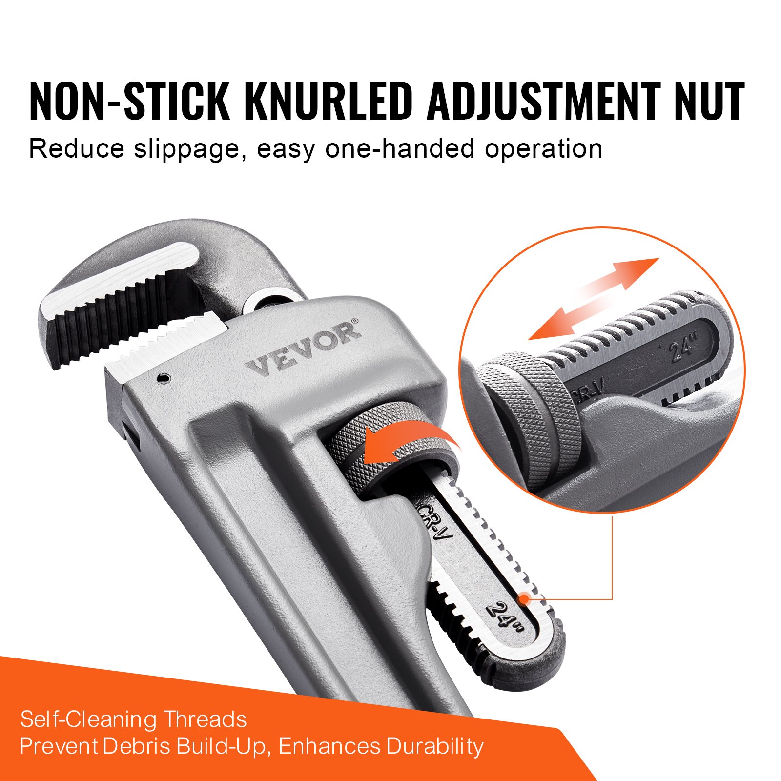 VEVOR Pipe Wrench, 609.6mm Aluminum Straight Pipe Wrench, Adjustable Plumbing Wrench, with High Strength Jaw and Ergonomic Handle, Easy to Carry, Hangable Design, for Water Pipes, Automotive Repairs