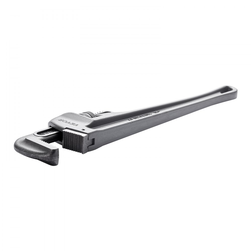 VEVOR pipe wrench, heavy-duty silver tool with a long handle and adjustable jaw on a white background.