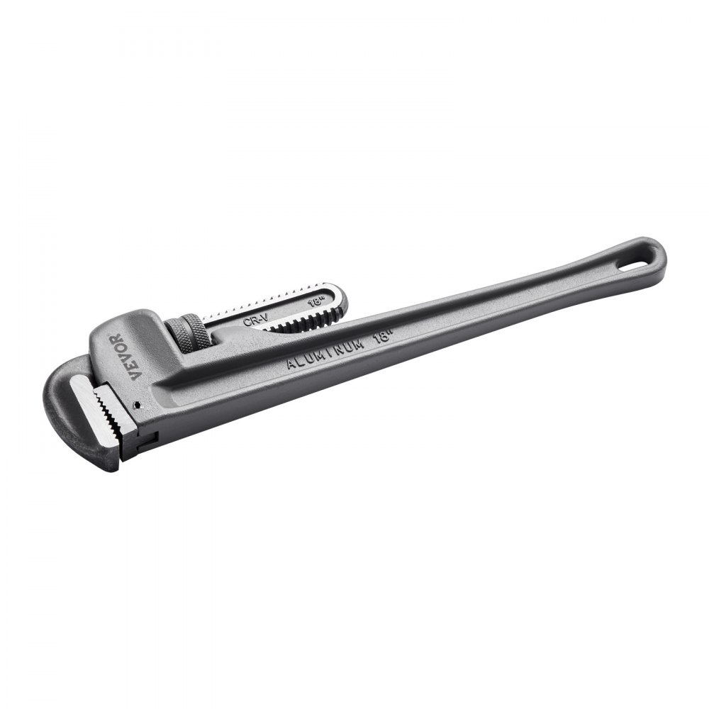 VEVOR pipe wrench, 18-inch aluminum handle with serrated jaws and adjustable knob.