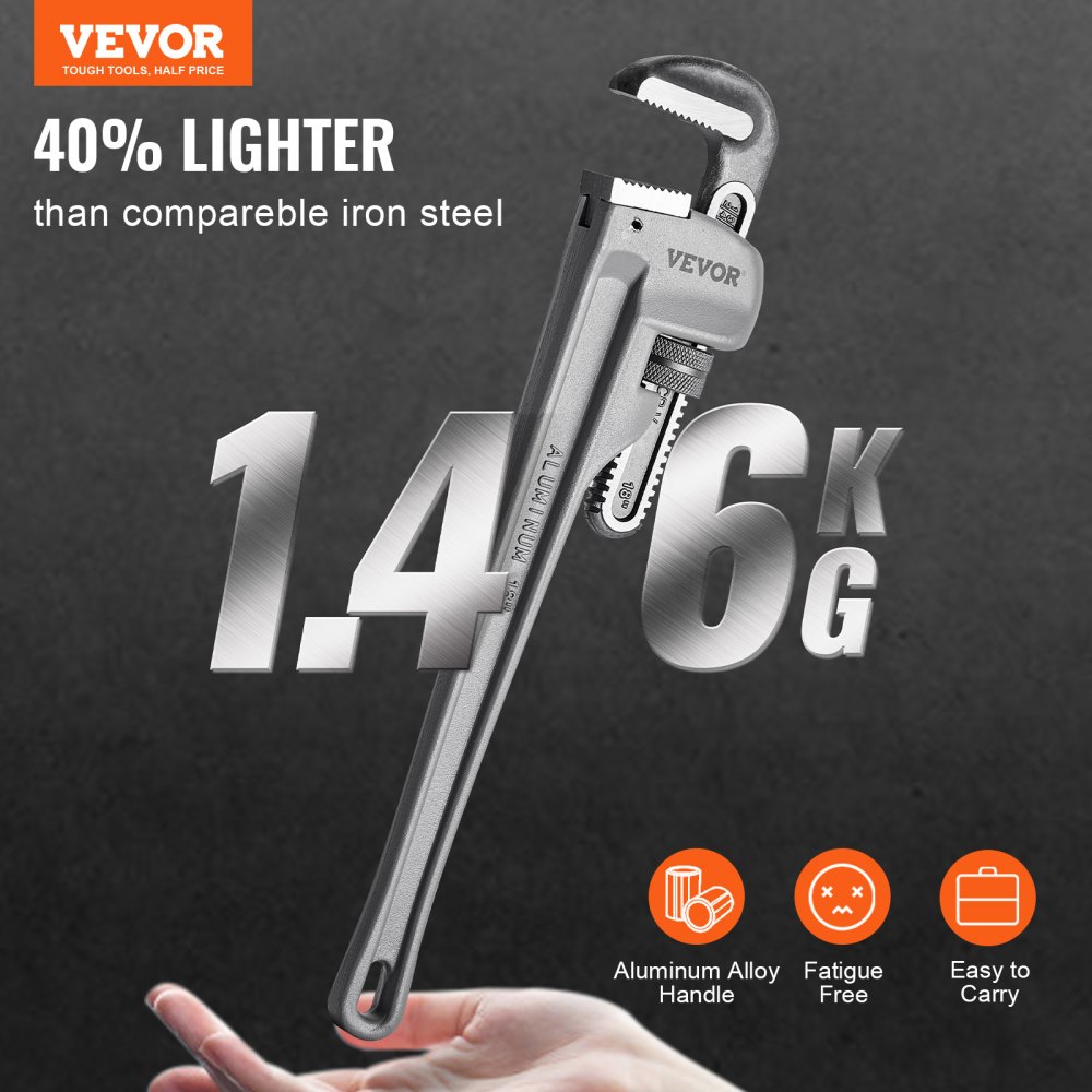 VEVOR Pipe Wrench, 457.2mm Aluminum Straight Pipe Wrench, Adjustable Plumbing Wrench, with High Strength Jaw and Ergonomic Handle, Easy to Carry, Hangable Design, for Water Pipes, Automotive Repairs