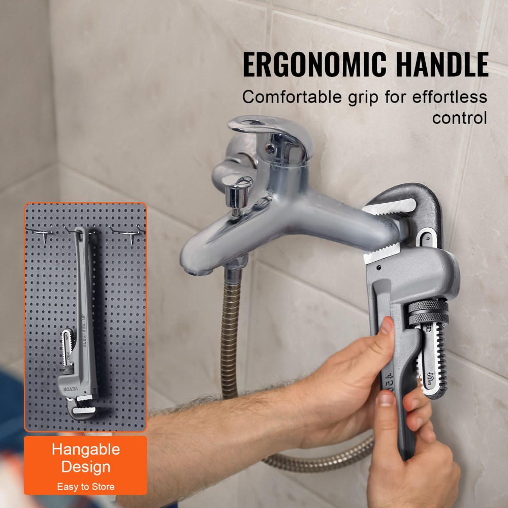 VEVOR Pipe Wrench, 457.2mm Aluminum Straight Pipe Wrench, Adjustable Plumbing Wrench, with High Strength Jaw and Ergonomic Handle, Easy to Carry, Hangable Design, for Water Pipes, Automotive Repairs