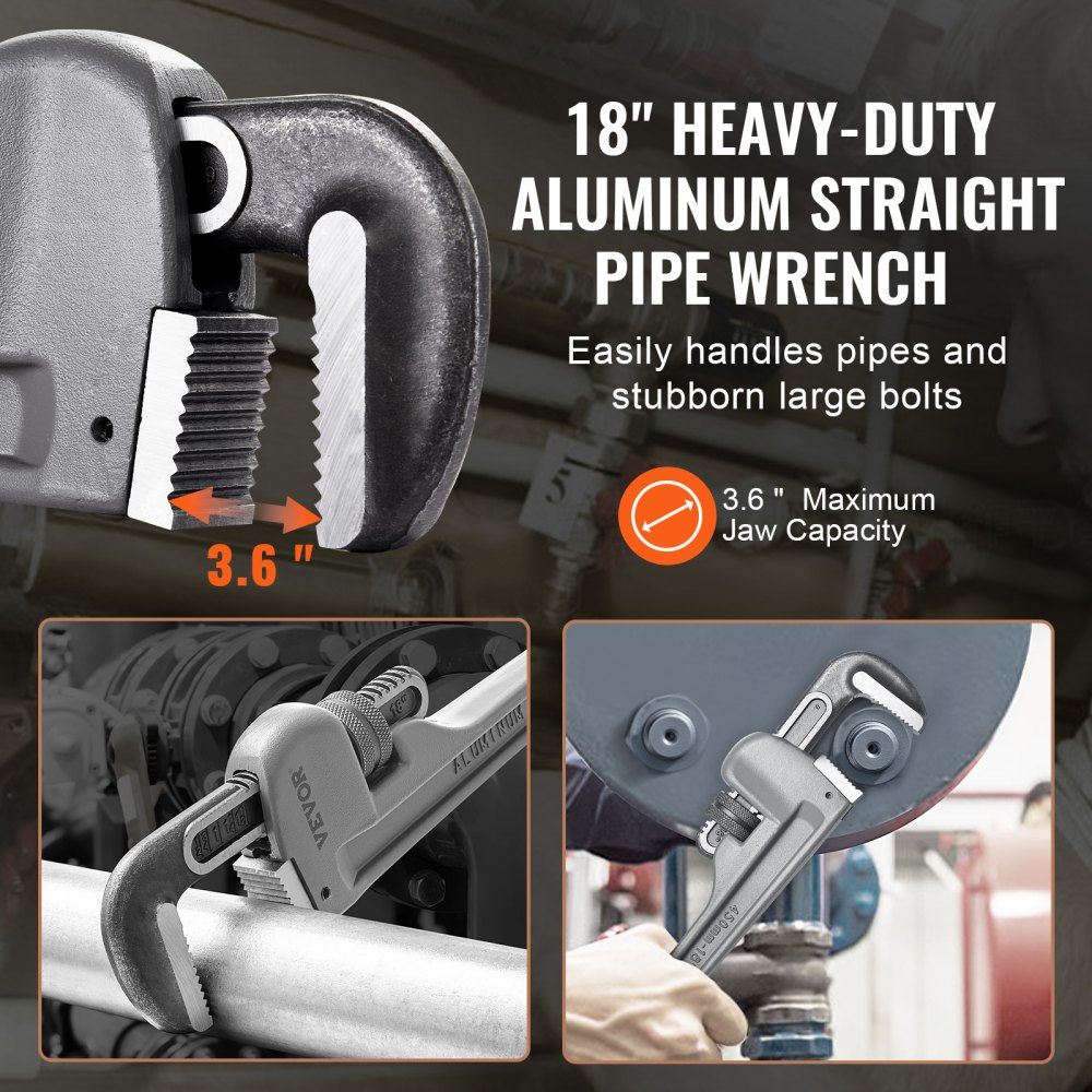 VEVOR Pipe Wrench, 457.2mm Aluminum Straight Pipe Wrench, Adjustable Plumbing Wrench, with High Strength Jaw and Ergonomic Handle, Easy to Carry, Hangable Design, for Water Pipes, Automotive Repairs