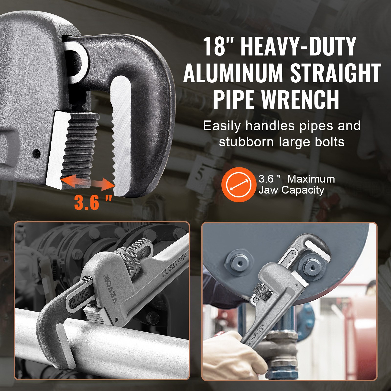 18&quot; heavy-duty aluminum straight VEVOR pipe wrench with a 3.6&quot; max jaw capacity for pipes and bolts.