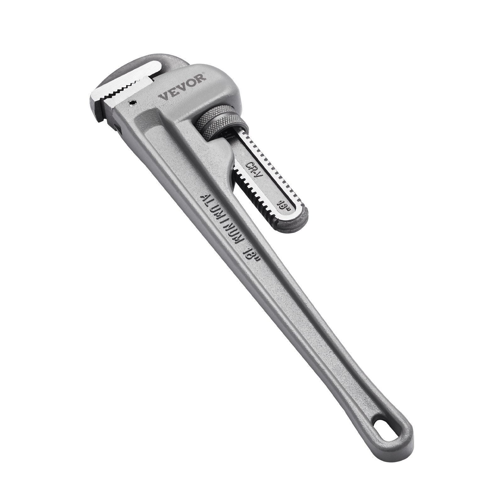 VEVOR pipe wrench, heavy-duty aluminum, adjustable jaw, ergonomic handle, precise measurements.