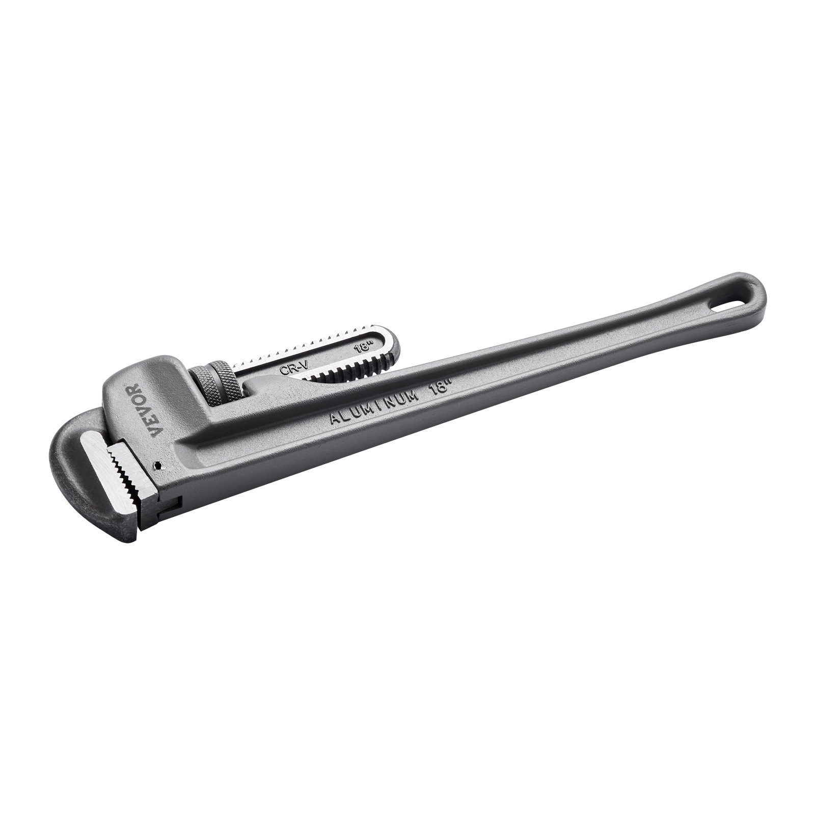 VEVOR pipe wrench, 18-inch aluminum handle with serrated jaws and adjustable knob.