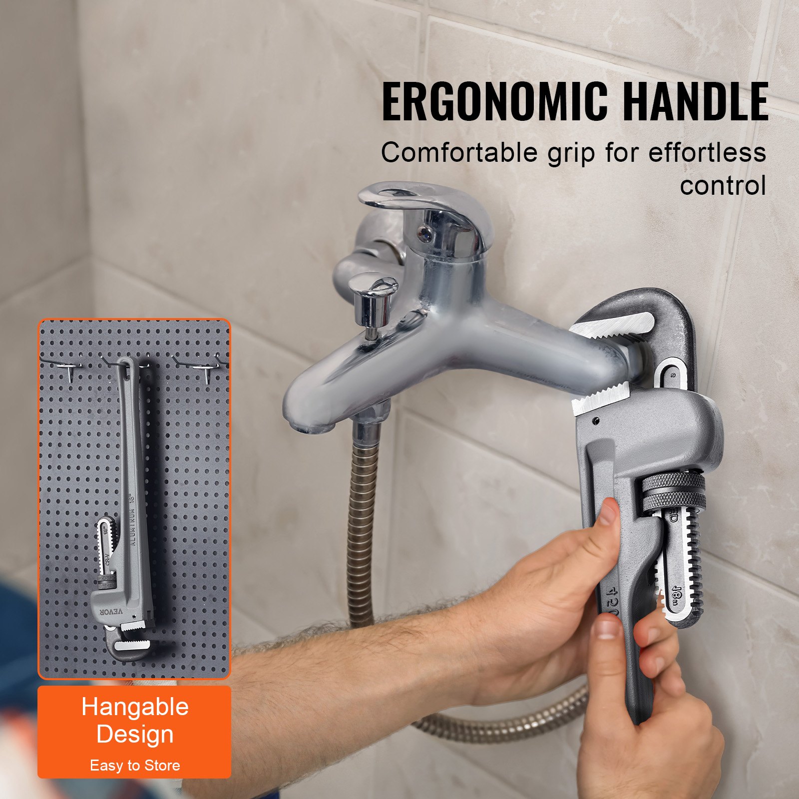 VEVOR Pipe Wrench, 457.2mm Aluminum Straight Pipe Wrench, Adjustable Plumbing Wrench, with High Strength Jaw and Ergonomic Handle, Easy to Carry, Hangable Design, for Water Pipes, Automotive Repairs