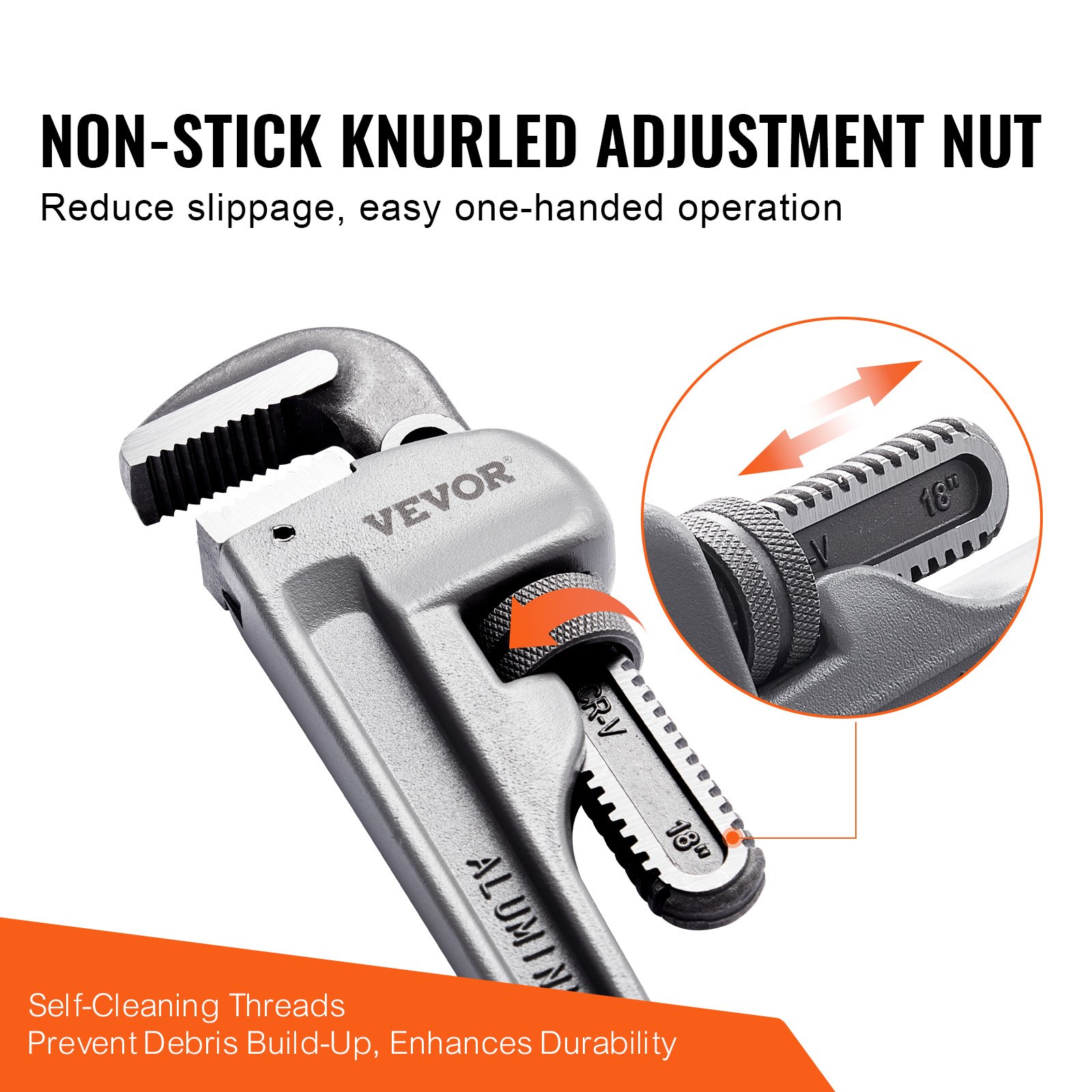 VEVOR Pipe Wrench, 457.2mm Aluminum Straight Pipe Wrench, Adjustable Plumbing Wrench, with High Strength Jaw and Ergonomic Handle, Easy to Carry, Hangable Design, for Water Pipes, Automotive Repairs