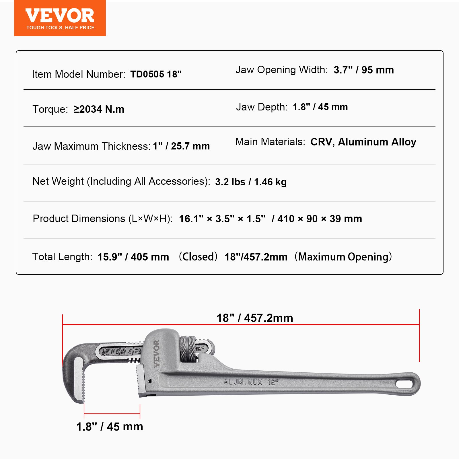 VEVOR Pipe Wrench, 457.2mm Aluminum Straight Pipe Wrench, Adjustable Plumbing Wrench, with High Strength Jaw and Ergonomic Handle, Easy to Carry, Hangable Design, for Water Pipes, Automotive Repairs