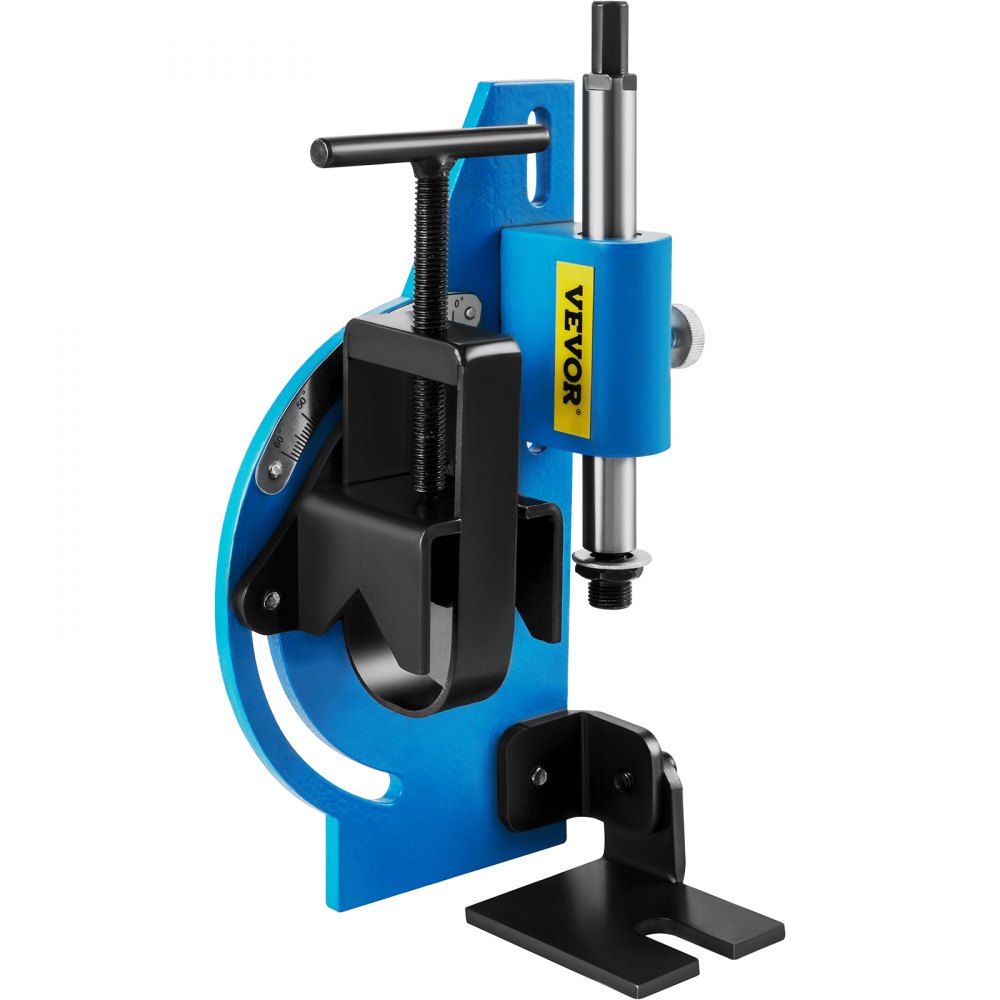 VEVOR pipe notcher with blue frame and adjustable black clamp.