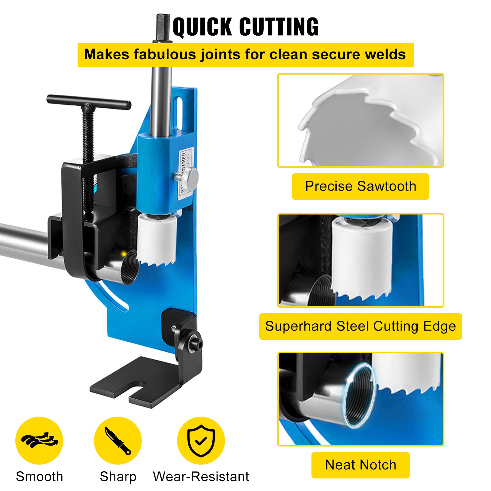 VEVOR pipe notcher with precise sawtooth, steel cutting edge, and neat notch for secure welds.