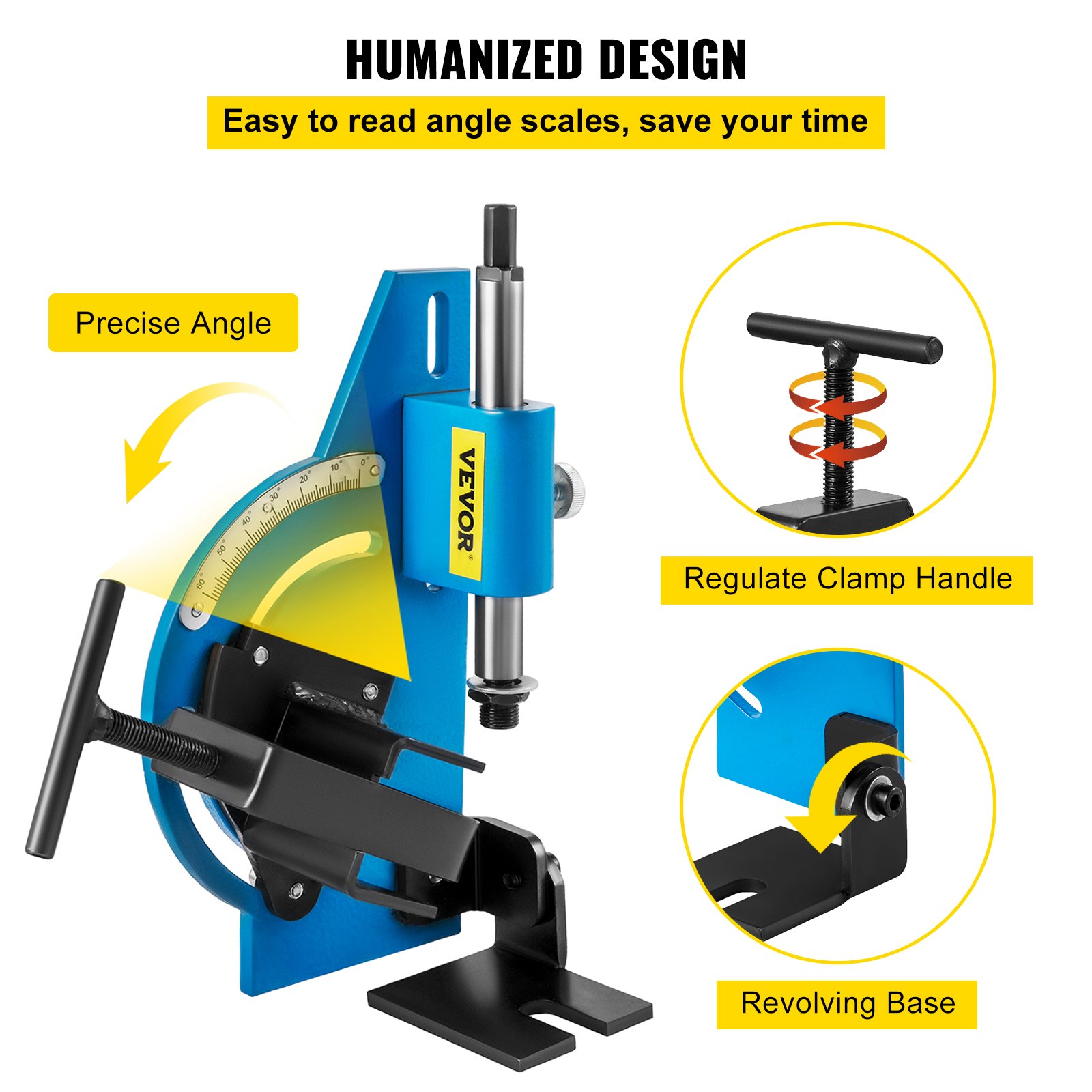VEVOR pipe notcher with precise angle scales, regulate clamp handle, and revolving base.
