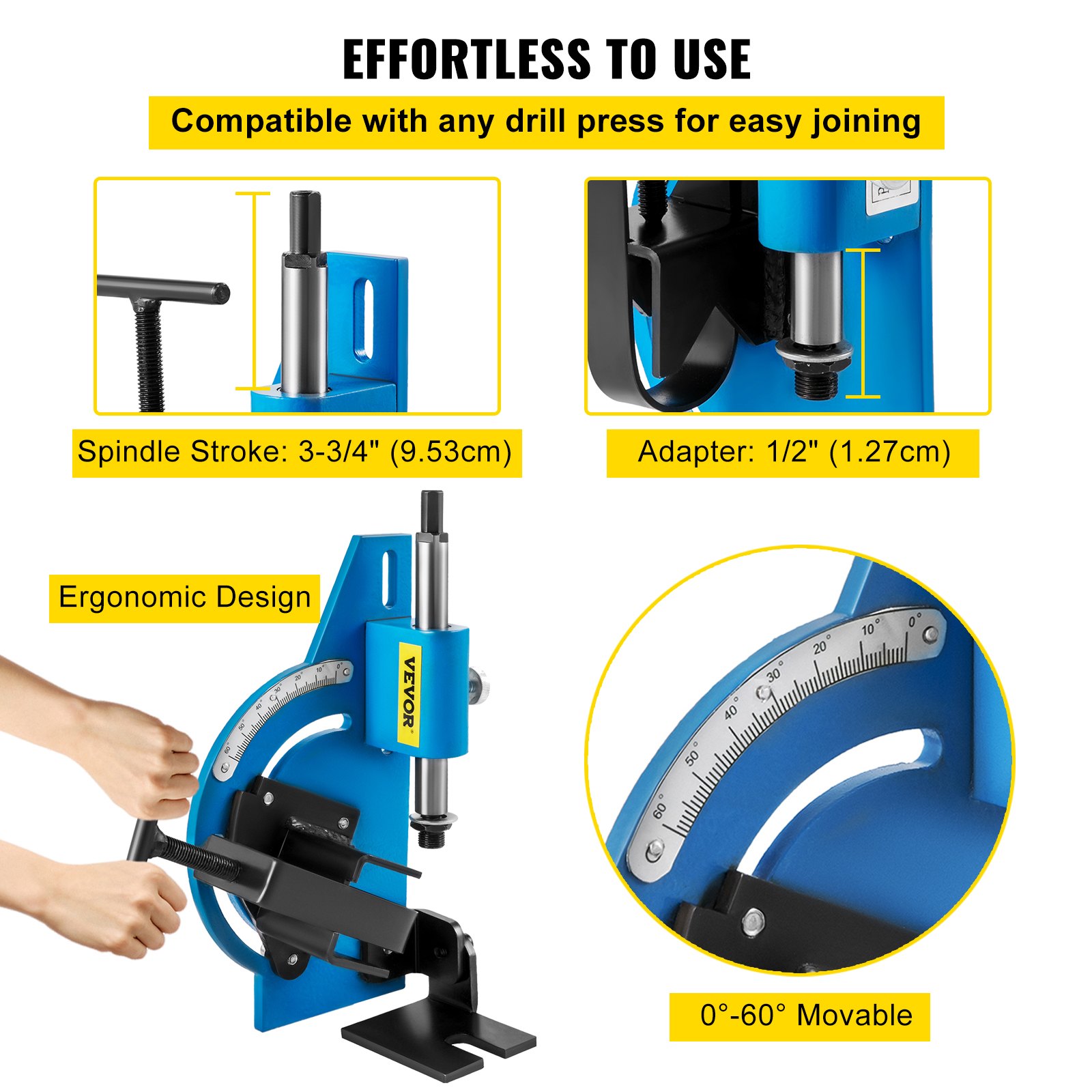 VEVOR pipe notcher with ergonomic design, 3-3/4&quot; stroke, and 0°-60° movability.