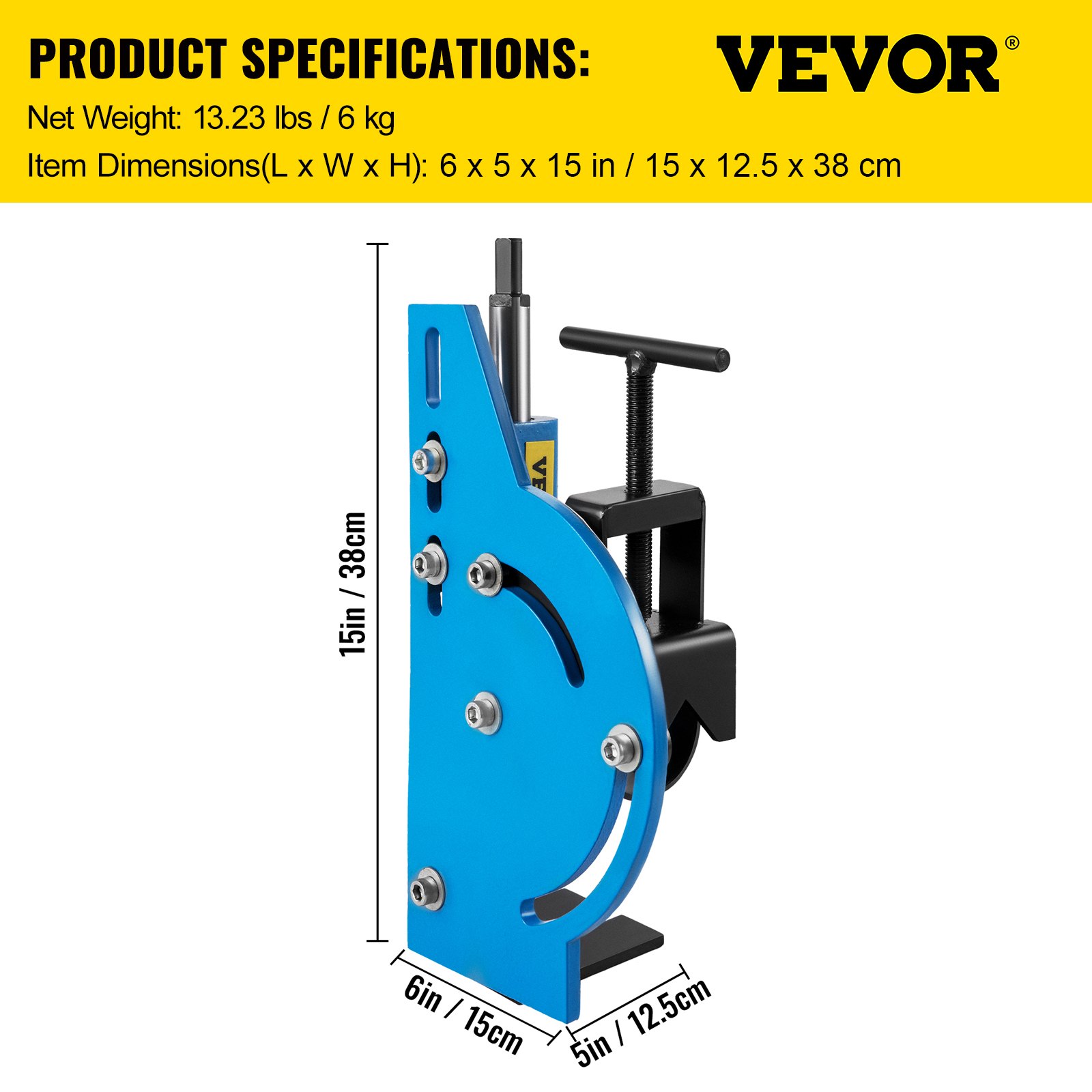 VEVOR pipe notcher with dimensions and specifications in yellow background.
