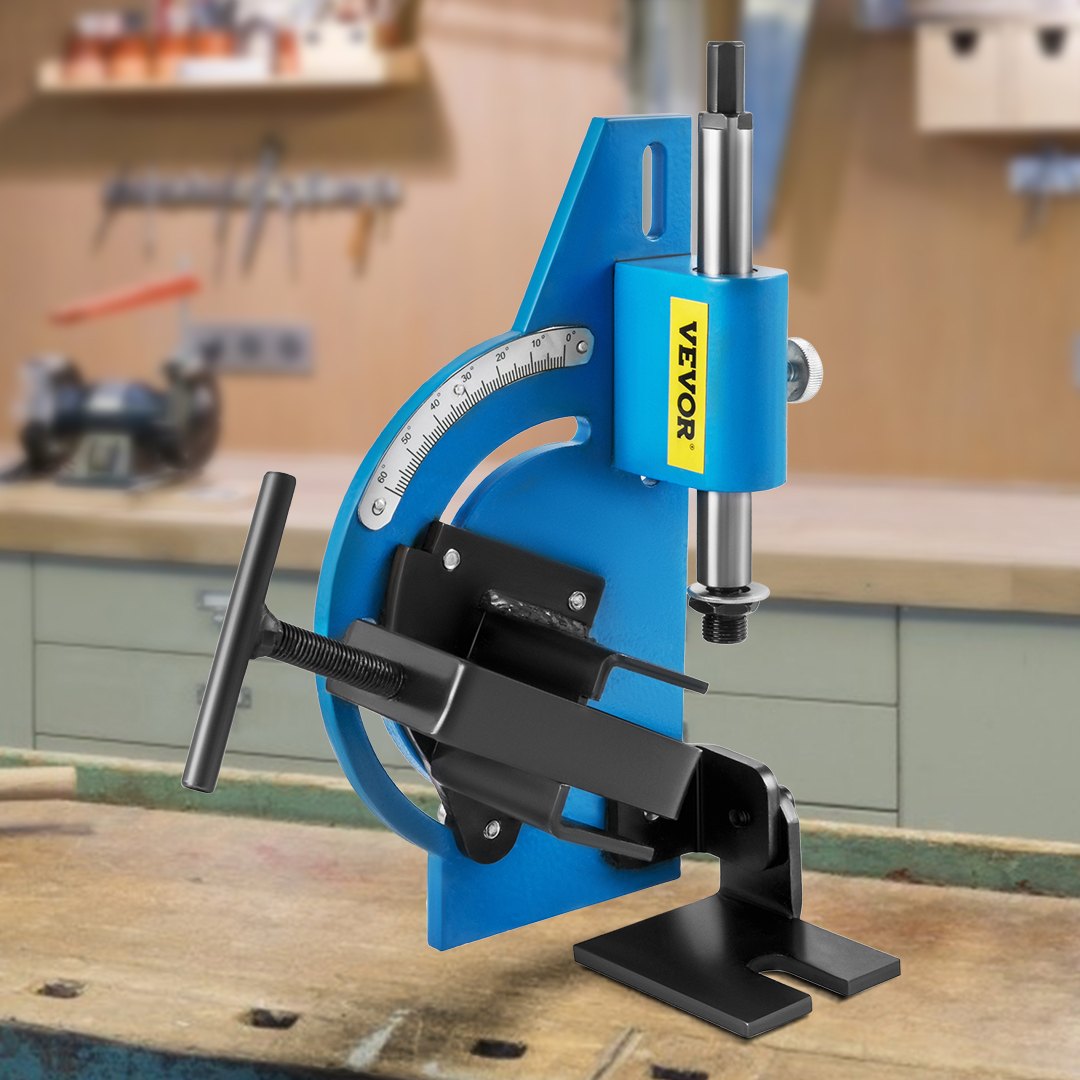 VEVOR pipe notcher tool on workshop bench with background tools.