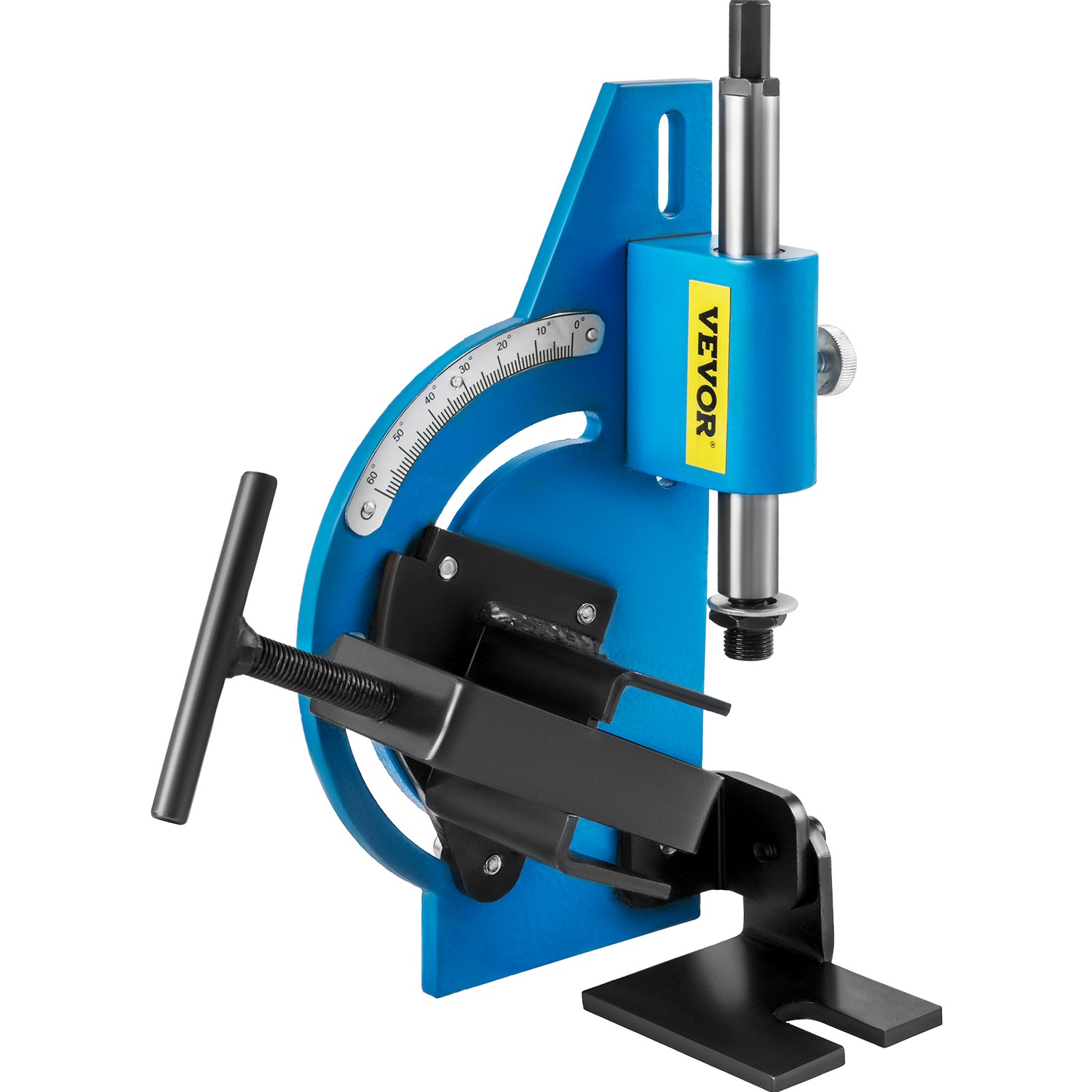 blue metal VEVOR pipe notcher with adjustable angles and black handle on white background.