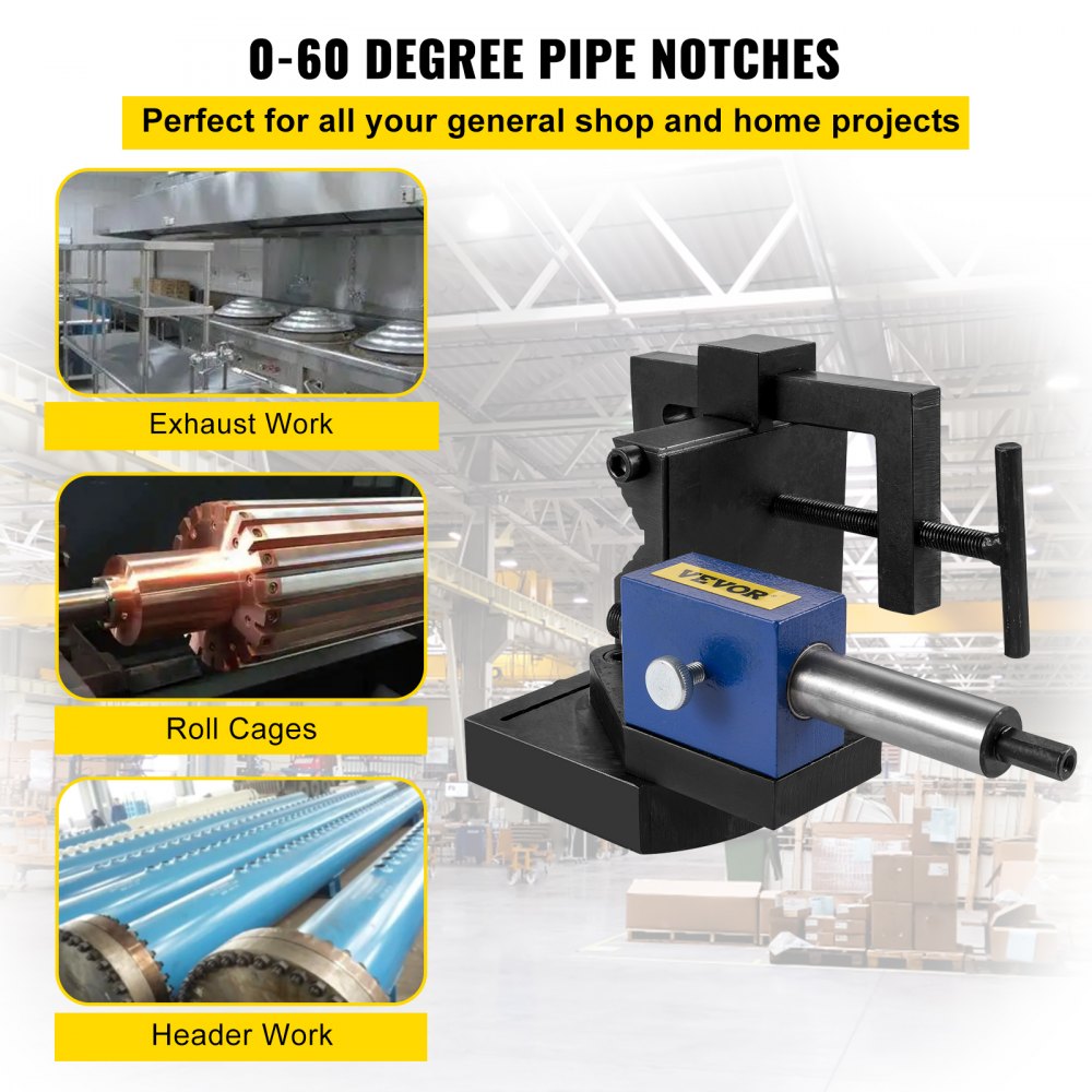 VEVOR pipe notcher for exhaust, roll cages, and header work in workshop background.