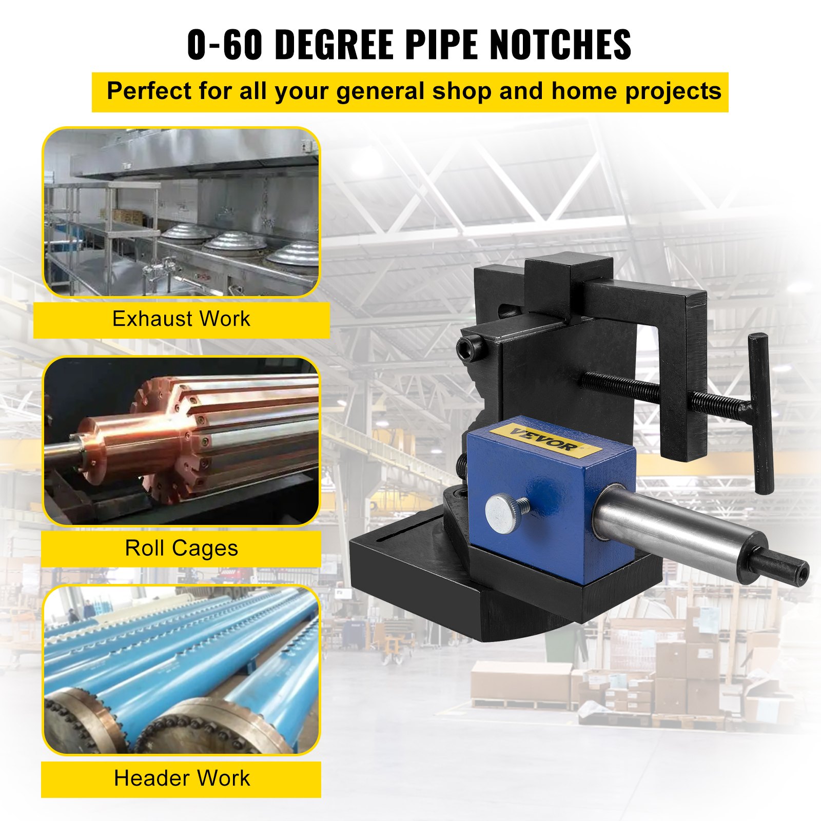VEVOR pipe notcher for exhaust, roll cages, and header work in workshop background.