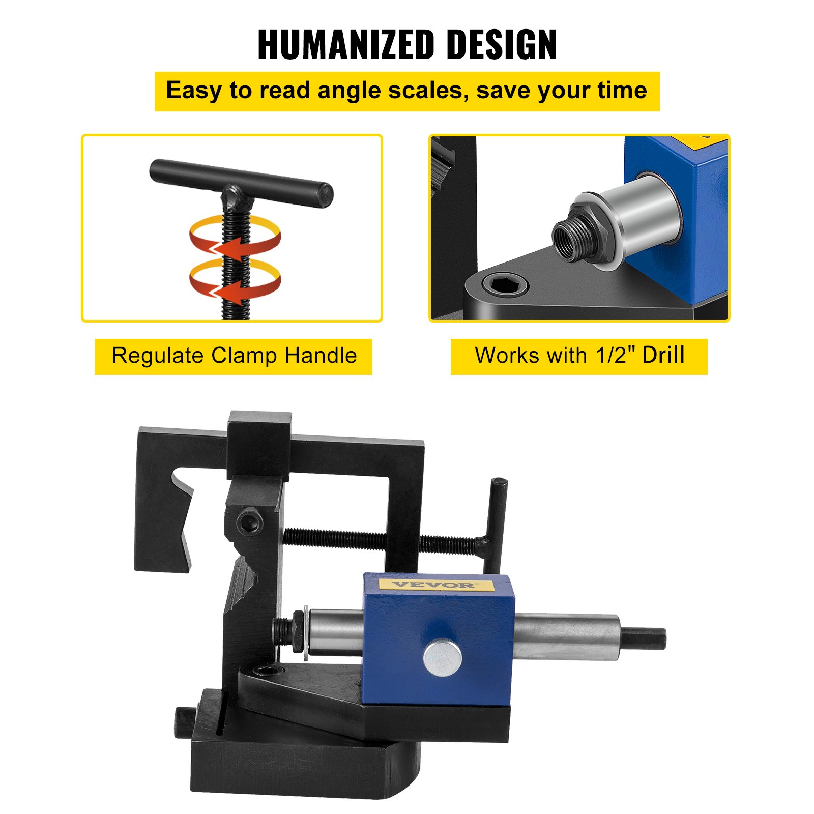VEVOR pipe notcher with clamp handle and 1/2&quot; drill compatibility.