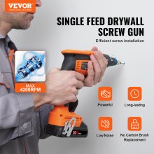 VEVOR Drywall Screw Gun, 20V Max Drywall Screwgun, 4200RPM børsteløst trådløs gipspistolsett med 2 batteripakker, lader, belteklips og verktøyveske, justerbar forover og bakover, innebygd LED-lys