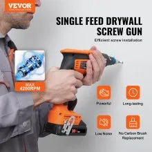 VEVOR Drywall Screw Gun, 20V Max Drywall Screwgun, 4200RPM Brushless Cordless Drywall Gun Kit with 2 Battery Packs, Charger, Belt Clip, and Tool Bag, Forward and Reverse Adjustable, Built-in LED Light