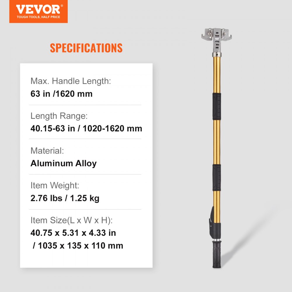 VEVOR drywall flat box handle, 63 in max length, aluminum alloy, 2.76 lbs, 40.75 x 5.31 x 4.33 in.