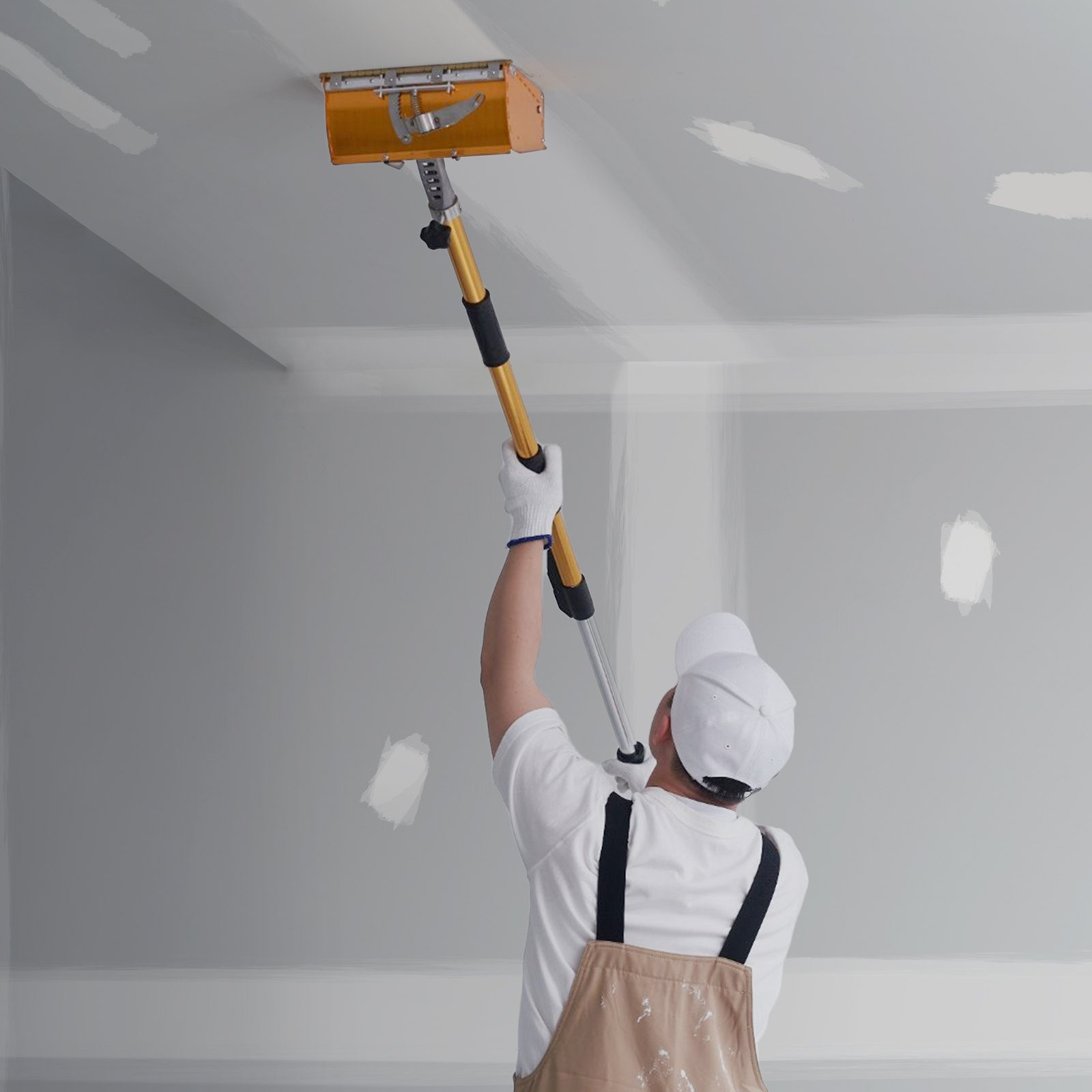 worker using VEVOR drywall flat box handle on ceiling, wearing white gloves, cap, and protective apron.