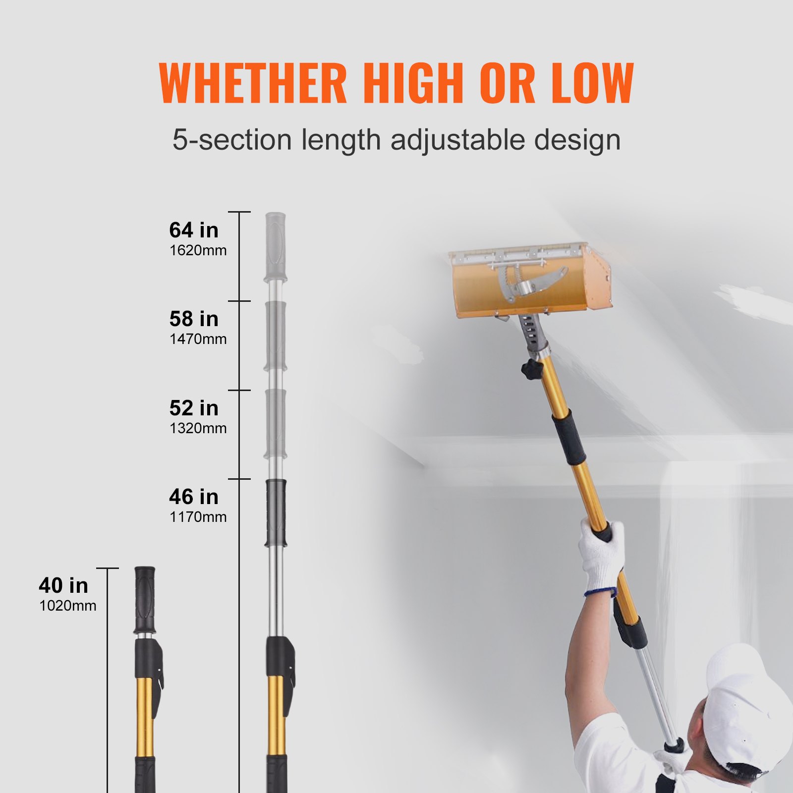 VEVOR Drywall Flat Box Handle, 40''-64'', Anodized Aluminum Flat Finishing Extension Handle, 5-Section Length Adjustable, Non-slip Grip and 360° Painting for Plasterboard, Wallboard, Sheetrock