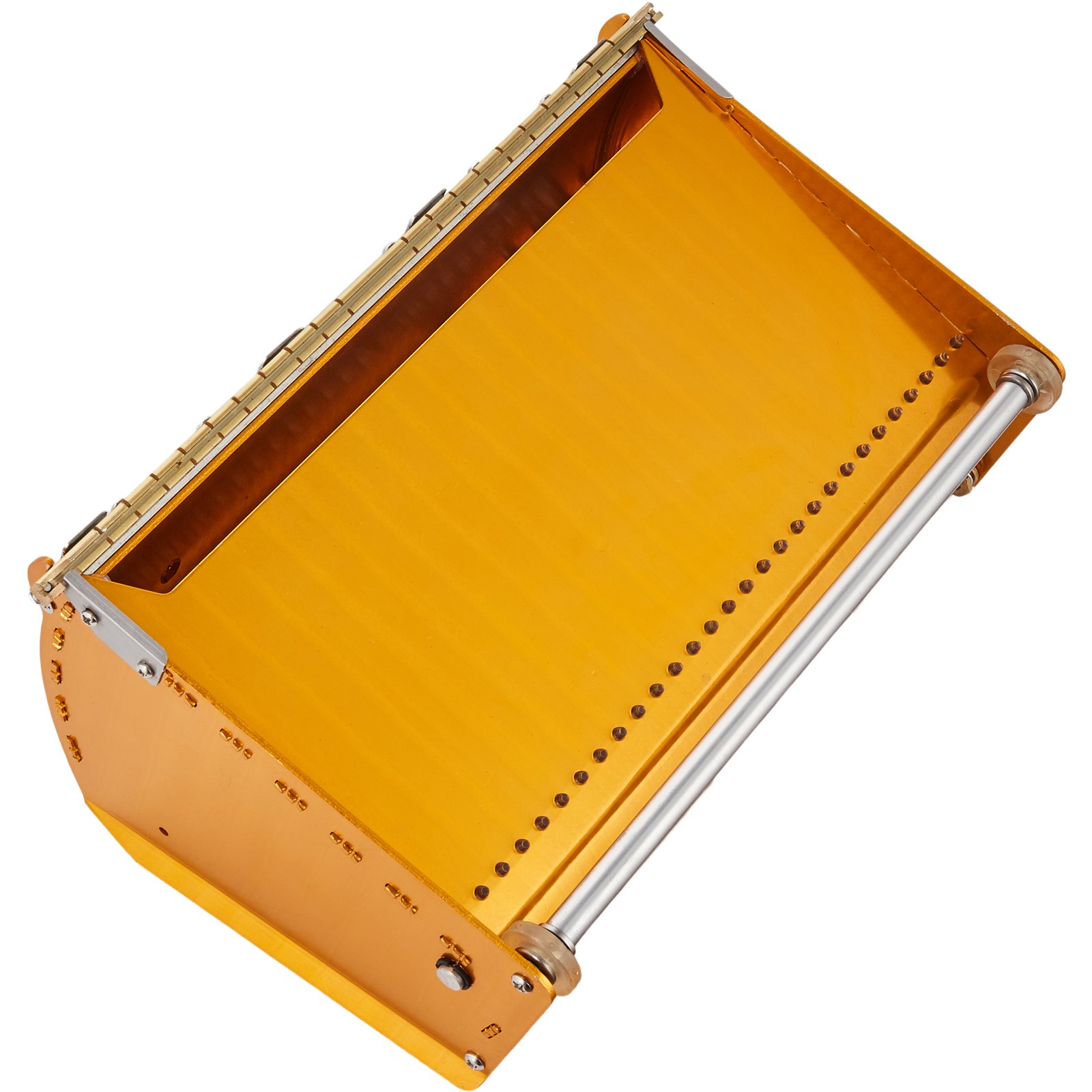 yellow VEVOR drywall flat box with metal hinge and steel handle, top view.