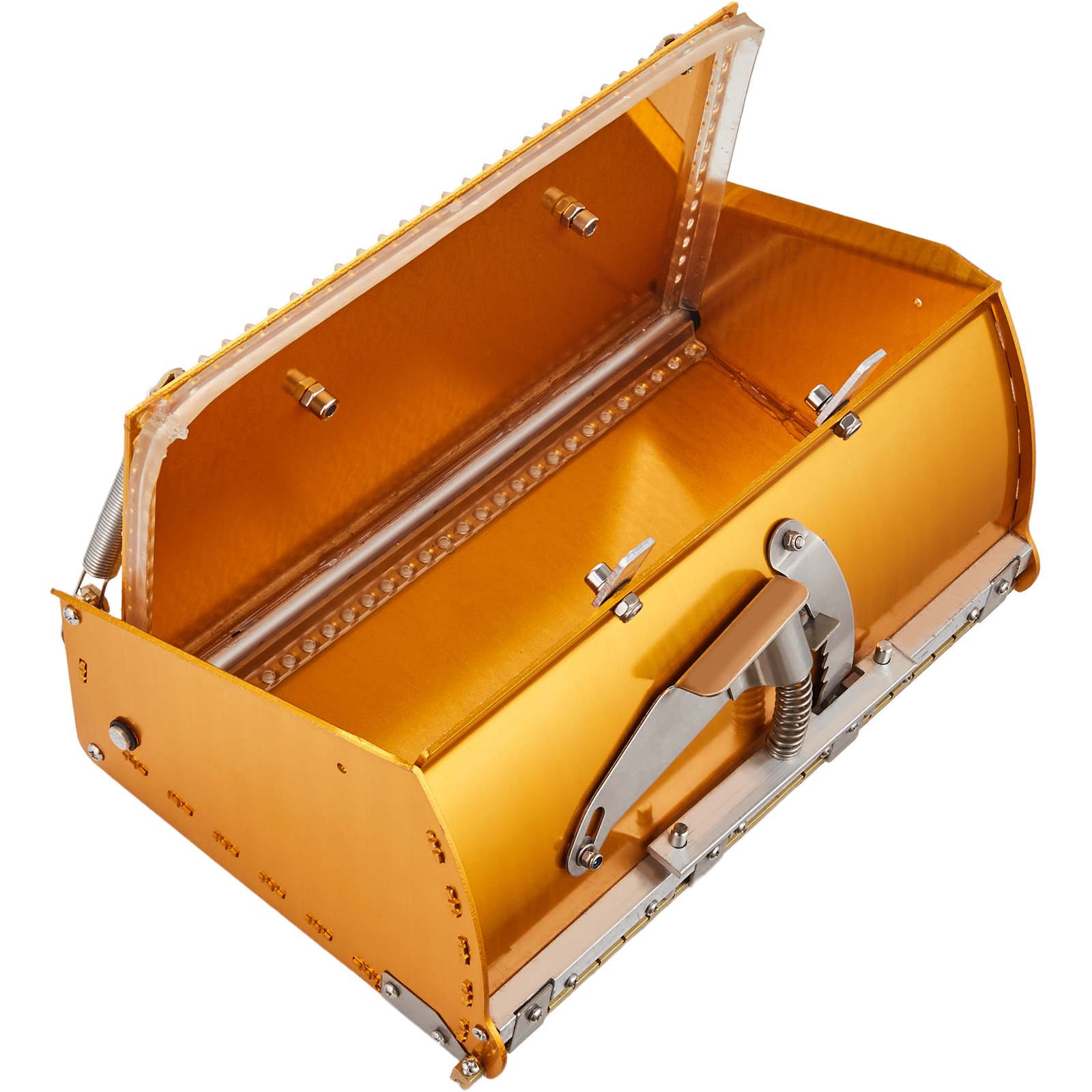 VEVOR drywall flat box in gold with latch and spring-loaded handle on the side for easy operation.