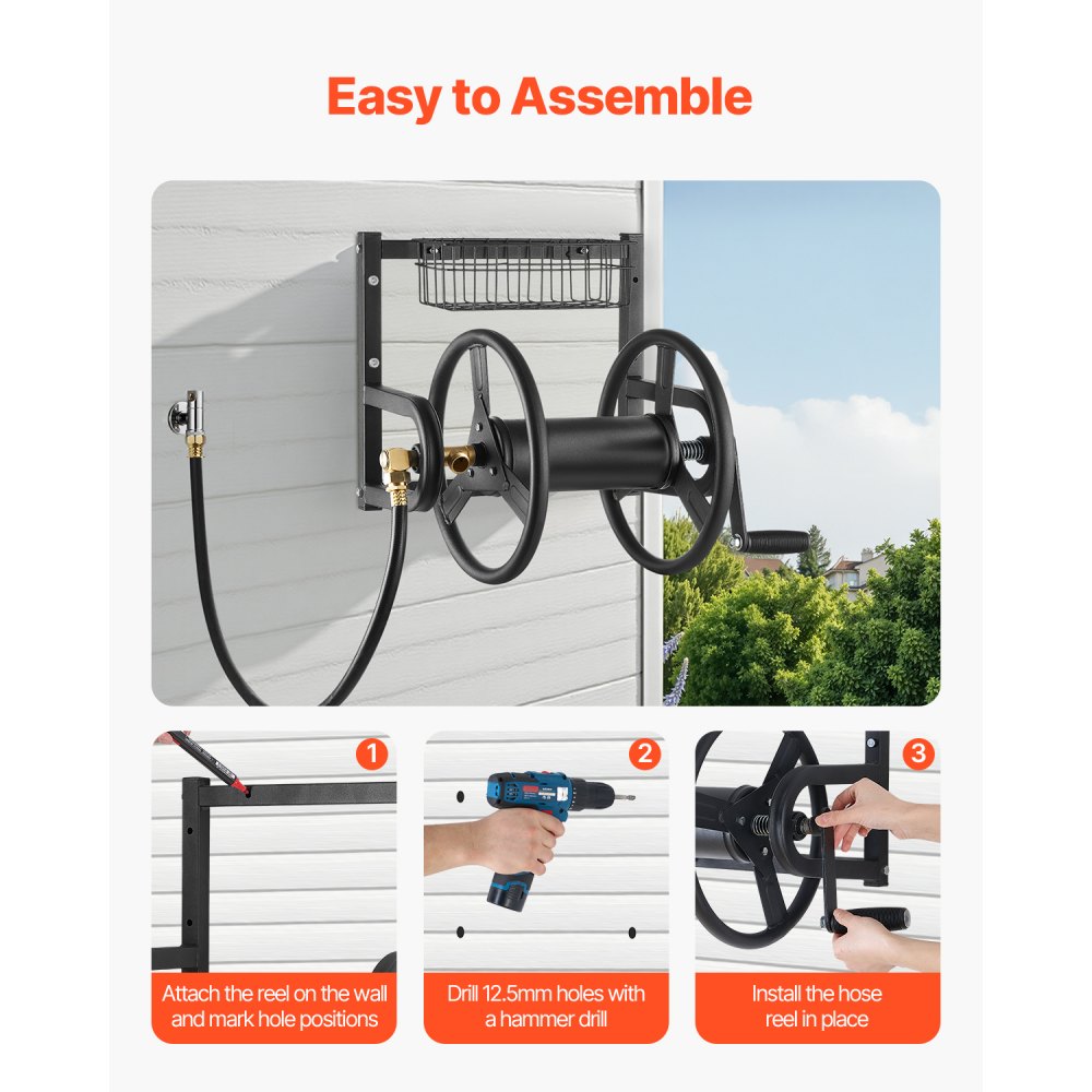 VEVOR Wall Mounted Garden Hose Reel, Holds 125 ft 5/8-inch Hose, Heavy-Duty Water Hose Winder, Space-Saving Design, Outdoor Manual Reel with Brass Fitting and Storage Basket for Yard Lawn