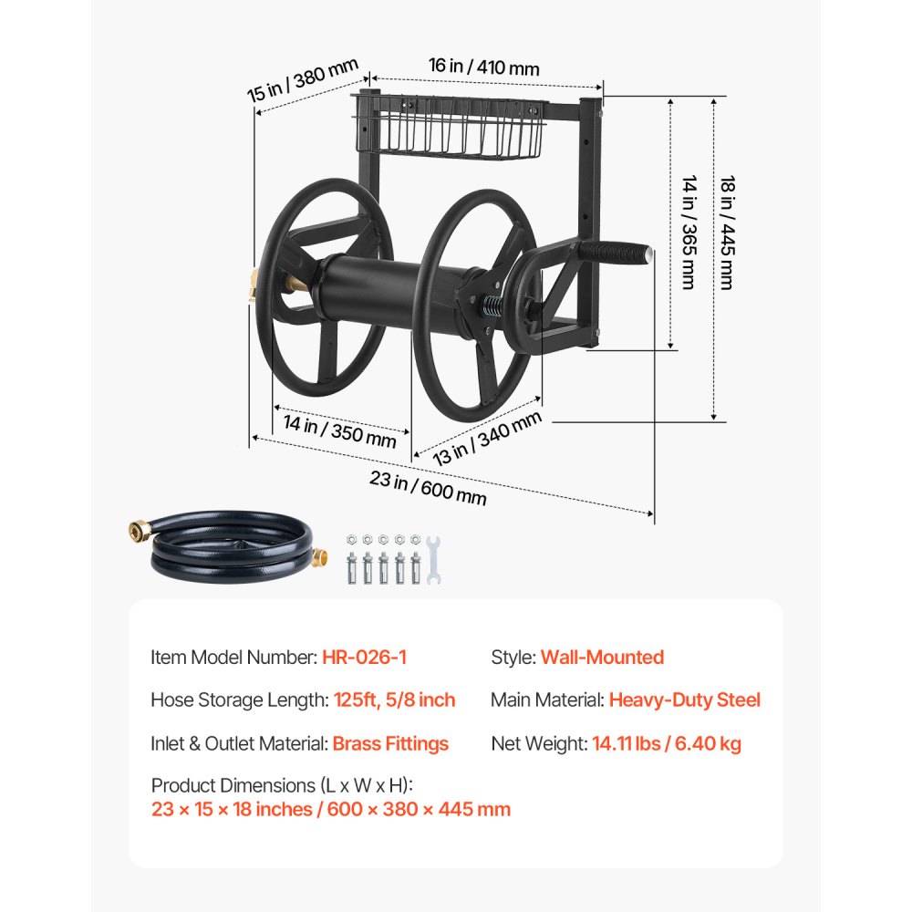 VEVOR Wall Mounted Garden Hose Reel, Holds 125 ft 5/8-inch Hose, Heavy-Duty Water Hose Winder, Space-Saving Design, Outdoor Manual Reel with Brass Fitting and Storage Basket for Yard Lawn
