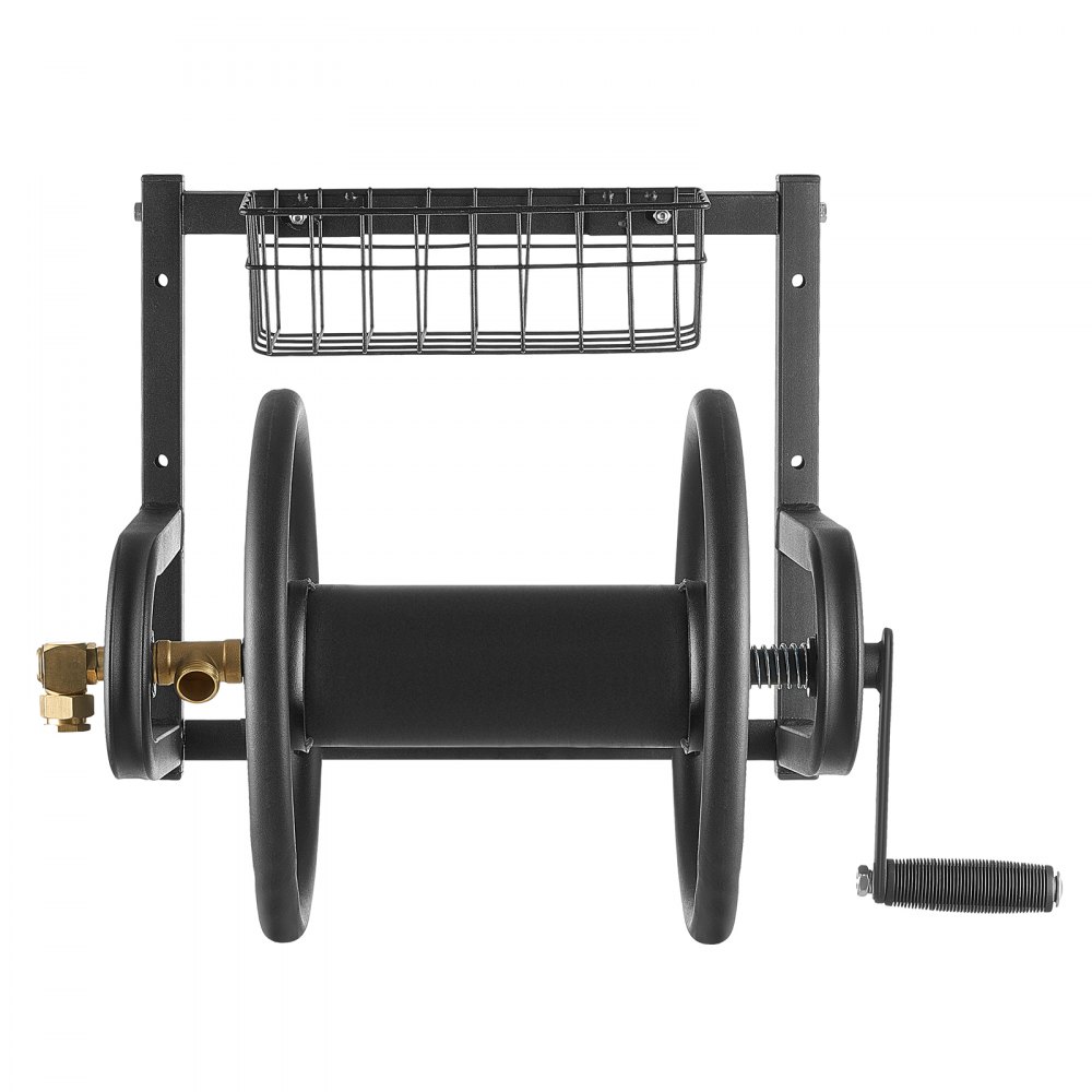 VEVOR Wall Mounted Garden Hose Reel, Holds 125 ft 5/8-inch Hose, Heavy-Duty Water Hose Winder, Space-Saving Design, Outdoor Manual Reel with Brass Fitting and Storage Basket for Yard Lawn