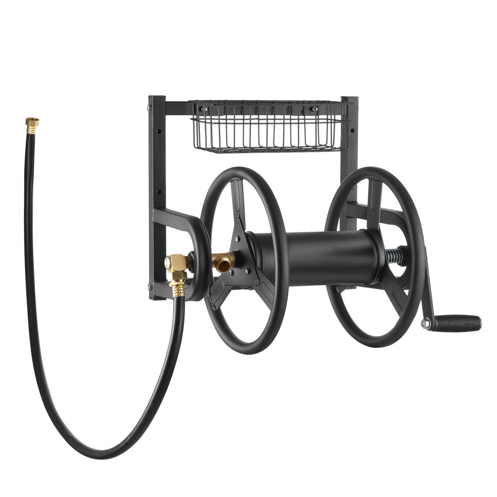 VEVOR Wall Mounted Garden Hose Reel, Holds 125 ft 5/8-inch Hose, Heavy-Duty Water Hose Winder, Space-Saving Design, Outdoor Manual Reel with Brass Fitting and Storage Basket for Yard Lawn