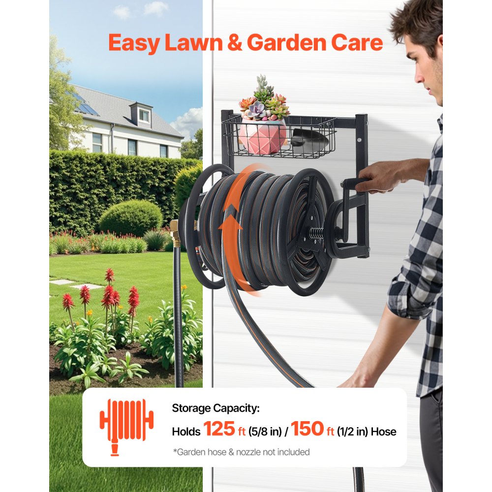 VEVOR Wall Mounted Garden Hose Reel, Holds 38m 5/8-inch Hose, Heavy-Duty Water Hose Winder, Space-Saving Design, Outdoor Manual Reel with Brass Fitting and Storage Basket for Yard Lawn