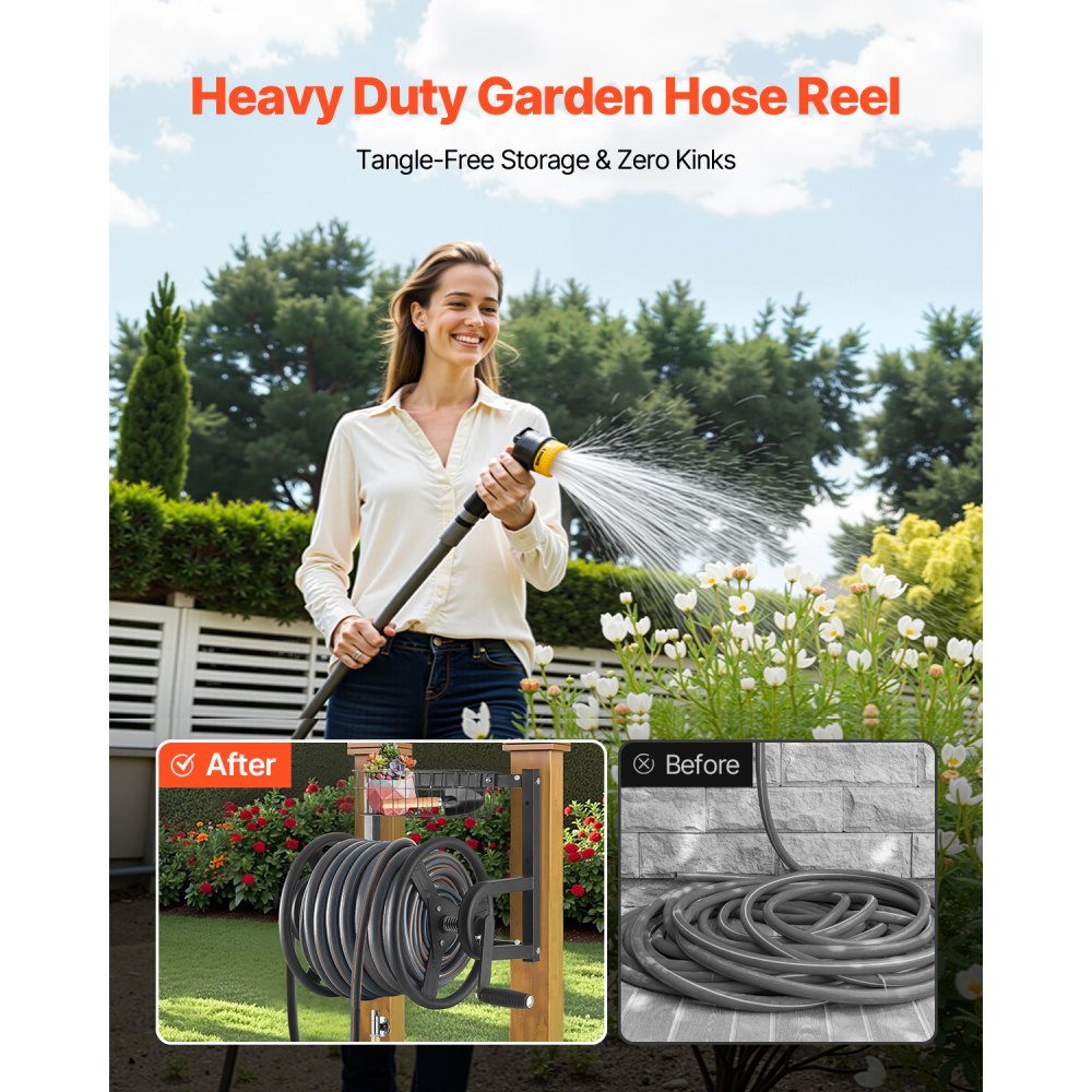 VEVOR Wall Mounted Garden Hose Reel, Holds 38m 5/8-inch Hose, Heavy-Duty Water Hose Winder, Space-Saving Design, Outdoor Manual Reel with Brass Fitting and Storage Basket for Yard Lawn