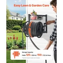 Wall Mounted Garden Hose Reel 125ft 5/8 in Hose Holder Brass Fitting & Basket