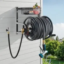 Wall Mounted Garden Hose Reel 125ft 5/8 in Hose Holder Brass Fitting & Basket