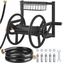 VEVOR Wall Mounted Garden Hose Reel, Holds 125 ft 5/8-inch Hose, Heavy-Duty Water Hose Winder, Space-Saving Design, Outdoor Manual Reel with Brass Fitting and Storage Basket for Yard Lawn