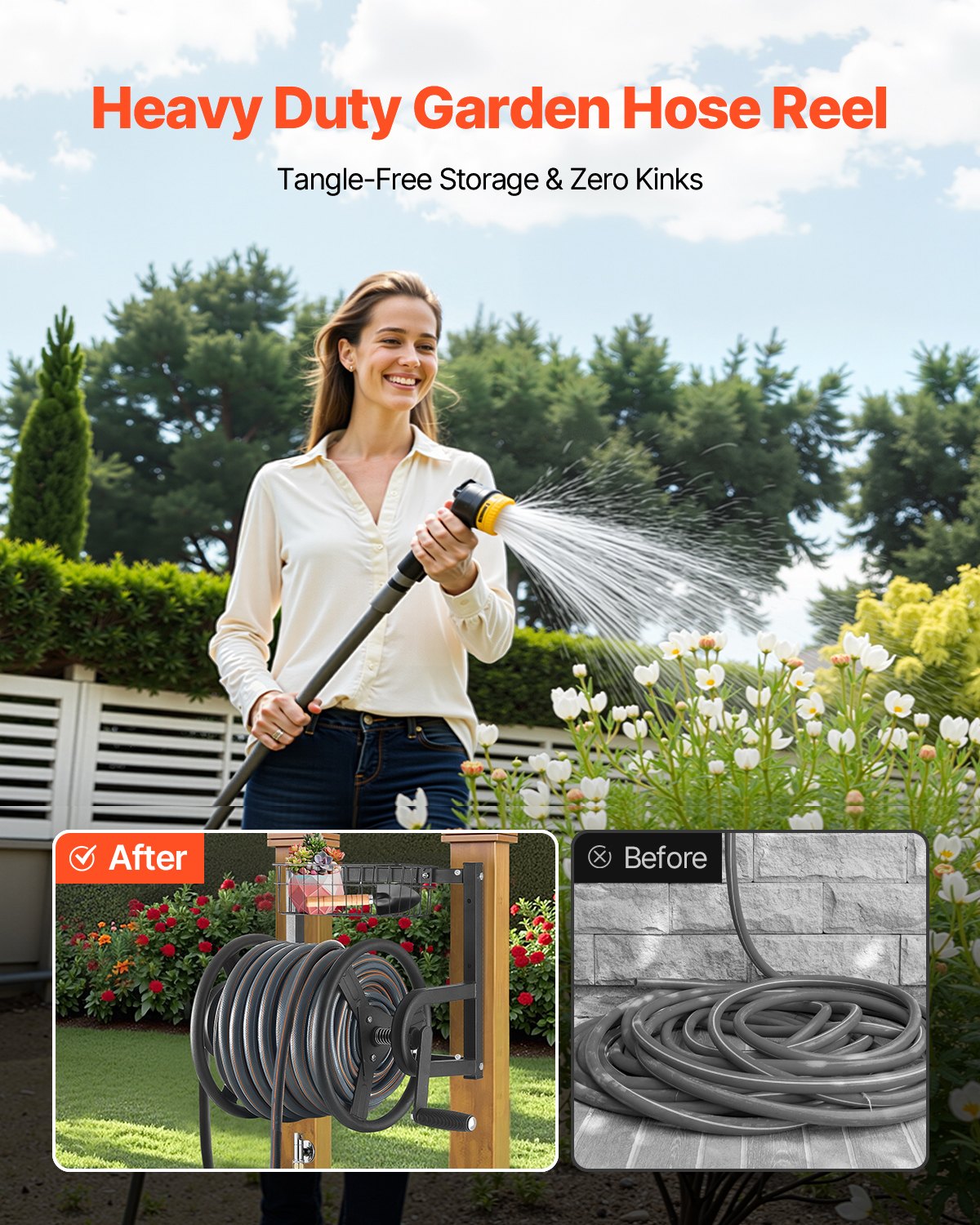 VEVOR Wall Mounted Garden Hose Reel, Holds 125 ft 5/8-inch Hose, Heavy-Duty Water Hose Winder, Space-Saving Design, Outdoor Manual Reel with Brass Fitting and Storage Basket for Yard Lawn