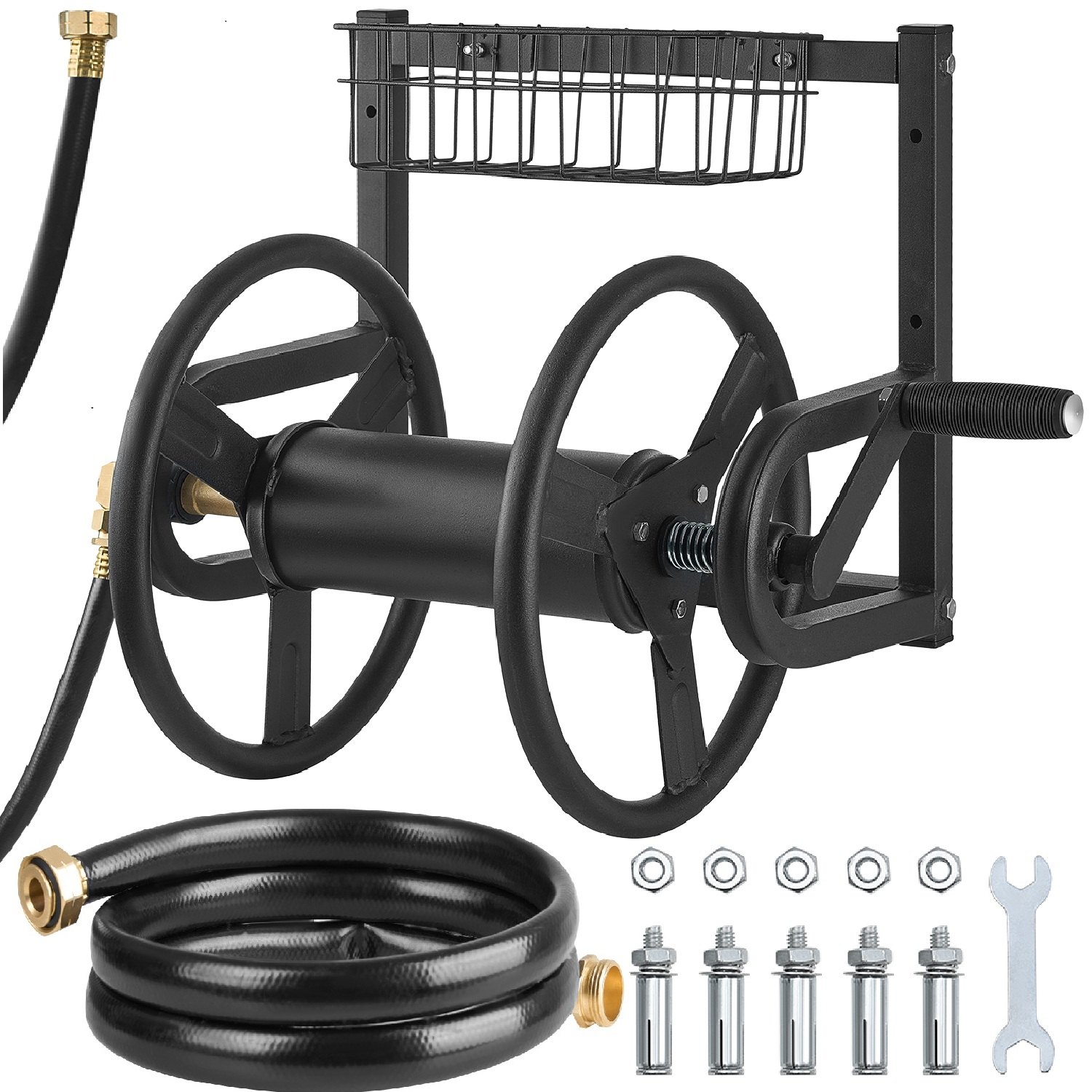 VEVOR Wall Mounted Garden Hose Reel, Holds 125 ft 5/8-inch Hose, Heavy-Duty Water Hose Winder, Space-Saving Design, Outdoor Manual Reel with Brass Fitting and Storage Basket for Yard Lawn