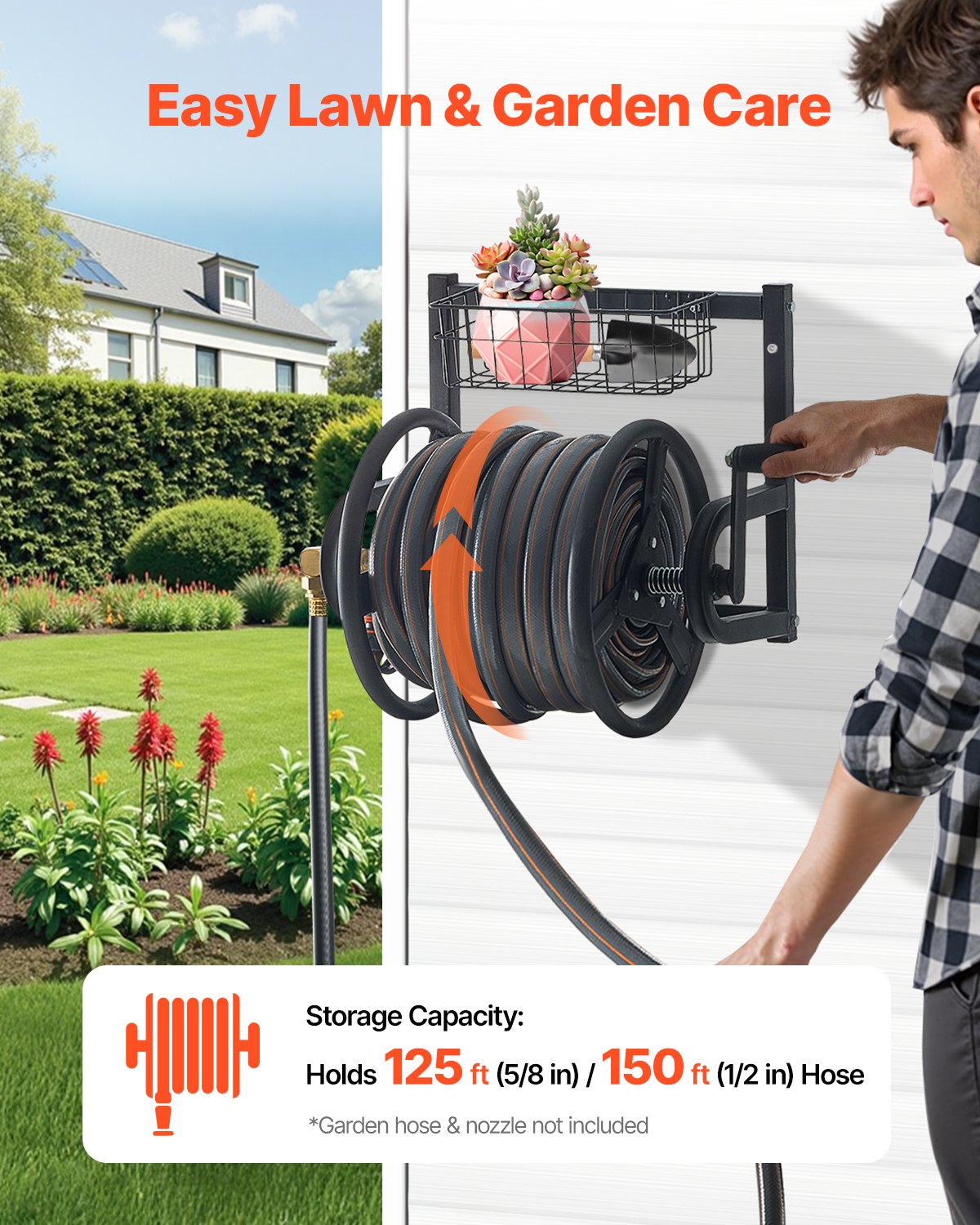 VEVOR Wall Mounted Garden Hose Reel, Holds 38m 5/8-inch Hose, Heavy-Duty Water Hose Winder, Space-Saving Design, Outdoor Manual Reel with Brass Fitting and Storage Basket for Yard Lawn