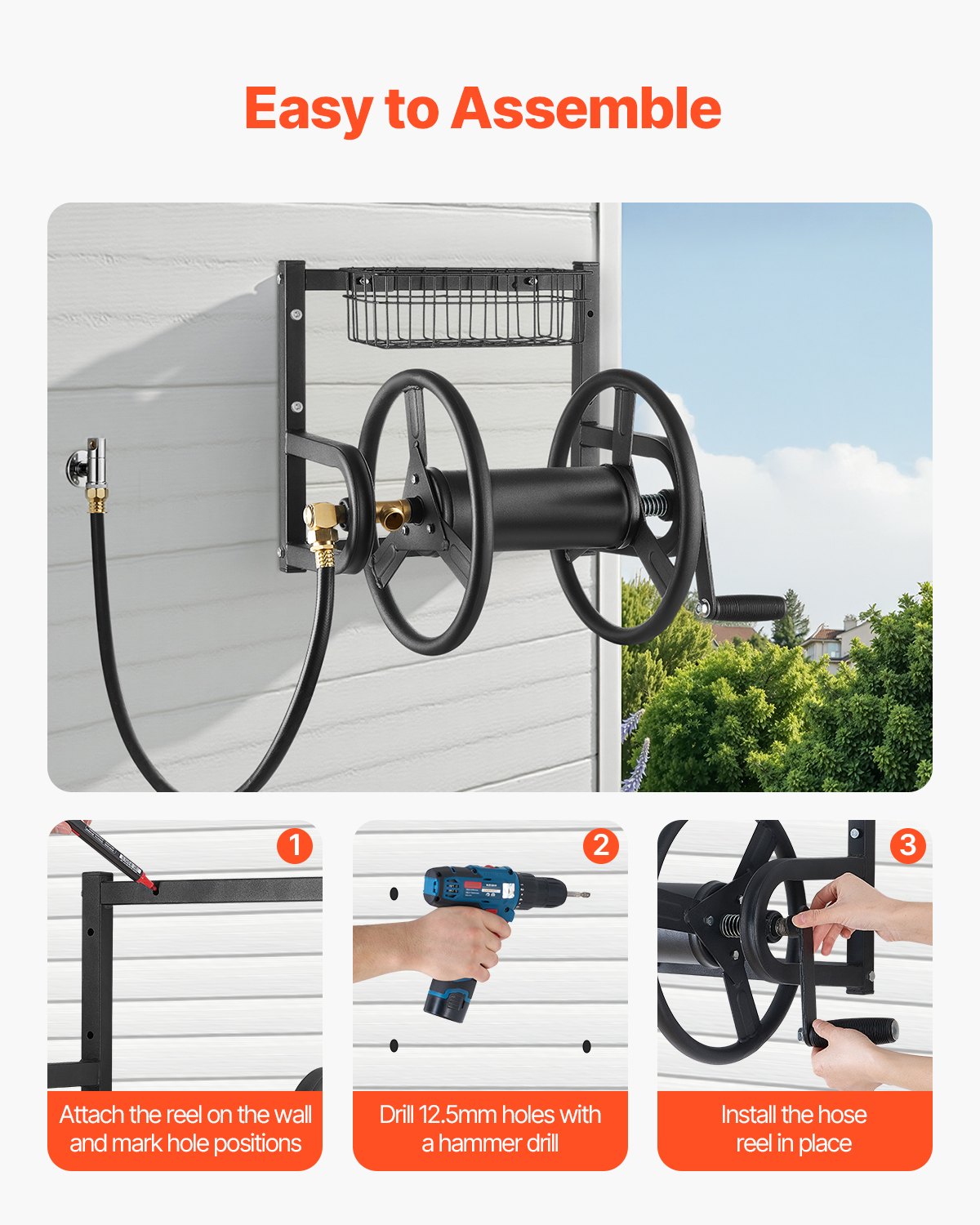 VEVOR Wall Mounted Garden Hose Reel, Holds 38m 5/8-inch Hose, Heavy-Duty Water Hose Winder, Space-Saving Design, Outdoor Manual Reel with Brass Fitting and Storage Basket for Yard Lawn