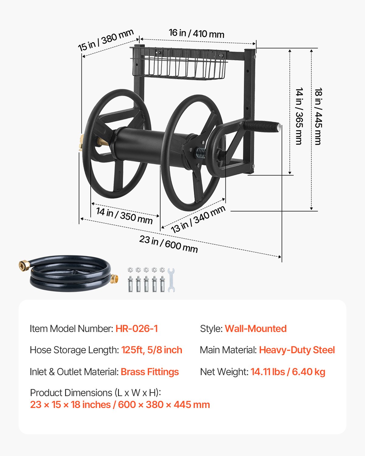 VEVOR Wall Mounted Garden Hose Reel, Holds 38m 5/8-inch Hose, Heavy-Duty Water Hose Winder, Space-Saving Design, Outdoor Manual Reel with Brass Fitting and Storage Basket for Yard Lawn