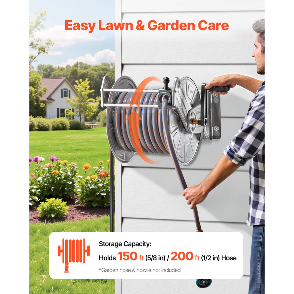 VEVOR Wall Mounted Garden Hose Reel, Holds 150 ft 5/8-inch Water Hose Winder, Heavy-Duty Stainless Steel, Outdoor Manual Reel with Brass Fitting & Hose Guide, Space Saving, for Yard Lawn Garage