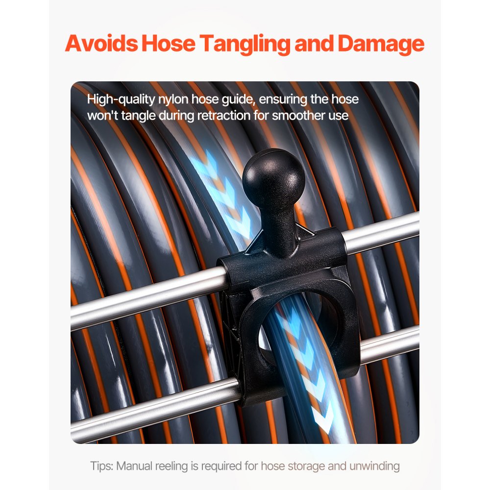 VEVOR Wall Mounted Garden Hose Reel, Holds 150 ft 5/8-inch Water Hose Winder, Heavy-Duty Stainless Steel, Outdoor Manual Reel with Brass Fitting & Hose Guide, Space Saving, for Yard Lawn Garage