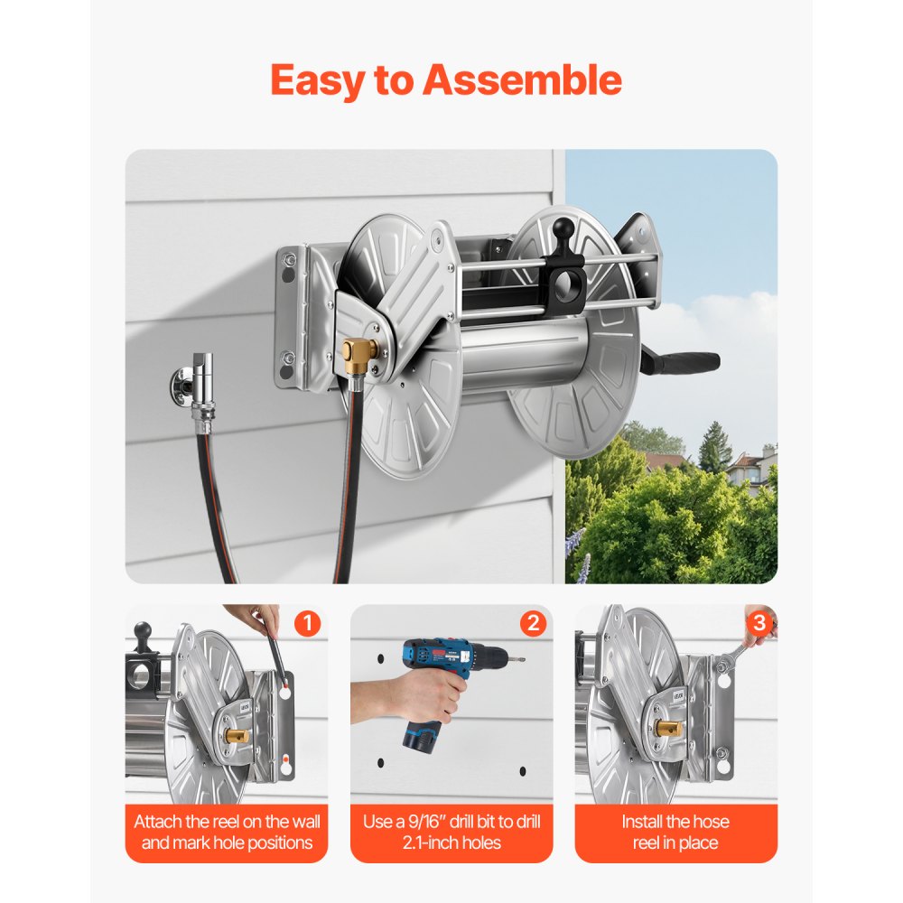 VEVOR Wall Mounted Garden Hose Reel, Holds 150 ft 5/8-inch Water Hose Winder, Heavy-Duty Stainless Steel, Outdoor Manual Reel with Brass Fitting & Hose Guide, Space Saving, for Yard Lawn Garage