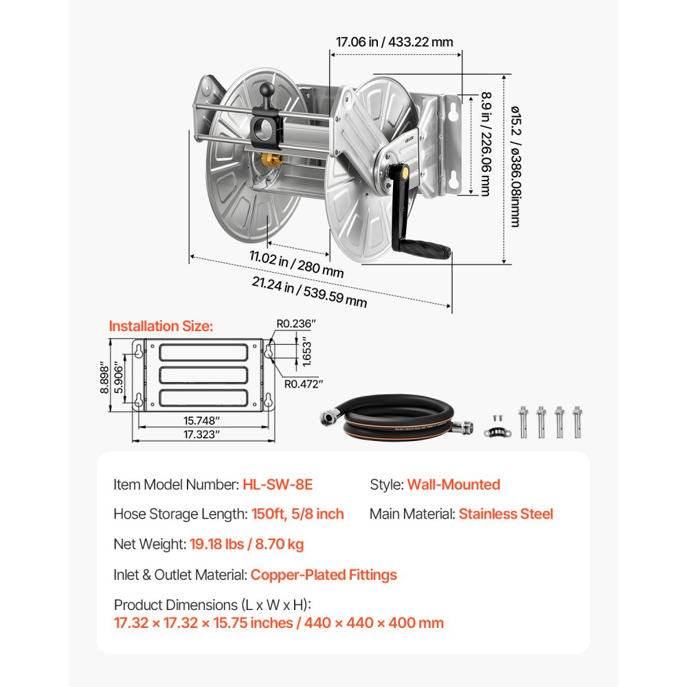 VEVOR Wall Mounted Garden Hose Reel, Holds 150 ft 5/8-inch Water Hose Winder, Heavy-Duty Stainless Steel, Outdoor Manual Reel with Brass Fitting & Hose Guide, Space Saving, for Yard Lawn Garage