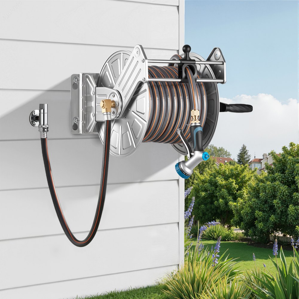VEVOR Wall Mounted Garden Hose Reel, Holds 150 ft 5/8-inch Water Hose Winder, Heavy-Duty Stainless Steel, Outdoor Manual Reel with Brass Fitting & Hose Guide, Space Saving, for Yard Lawn Garage