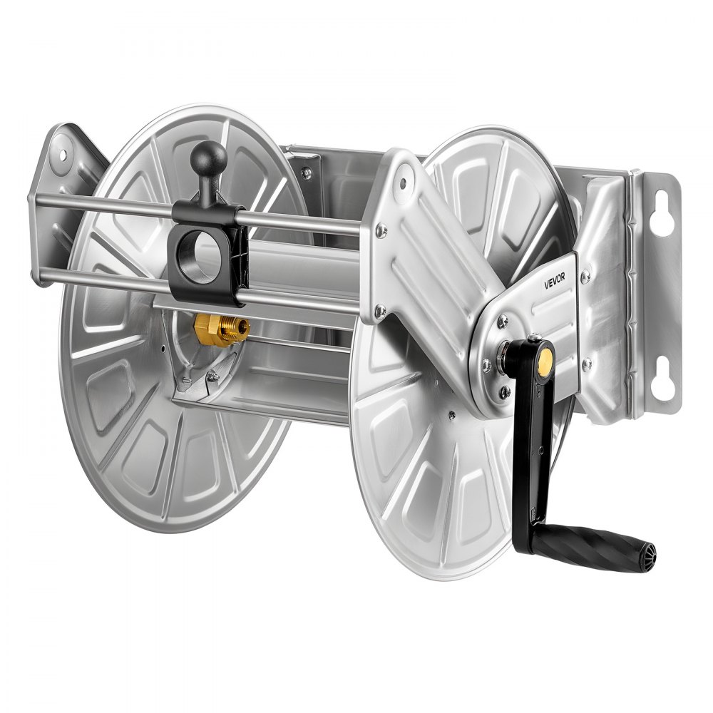 VEVOR Wall Mounted Garden Hose Reel, Holds 150 ft 5/8-inch Water Hose Winder, Heavy-Duty Stainless Steel, Outdoor Manual Reel with Brass Fitting & Hose Guide, Space Saving, for Yard Lawn Garage