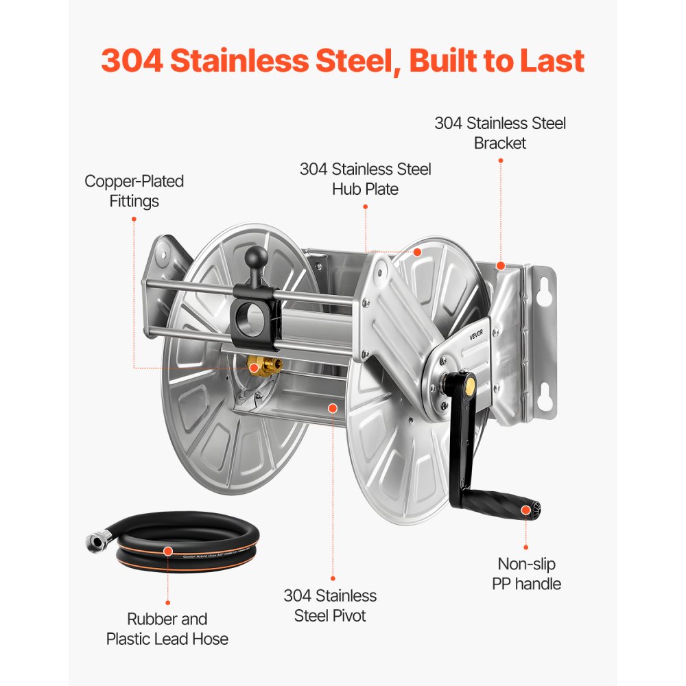 VEVOR Wall Mounted Garden Hose Reel, Holds 45.7m 5/8-inch Water Hose Winder, Heavy-Duty Stainless Steel, Outdoor Manual Reel with Brass Fitting & Hose Guide, Space Saving, for Yard Lawn Garage